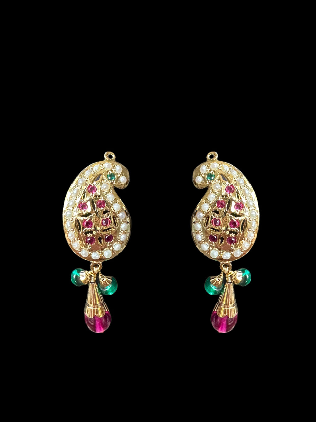 Gold‑Plated Jadau Silver Pendant Set in Ruby & Emeralds 
 ( SHIPS IN 4 WEEKS )