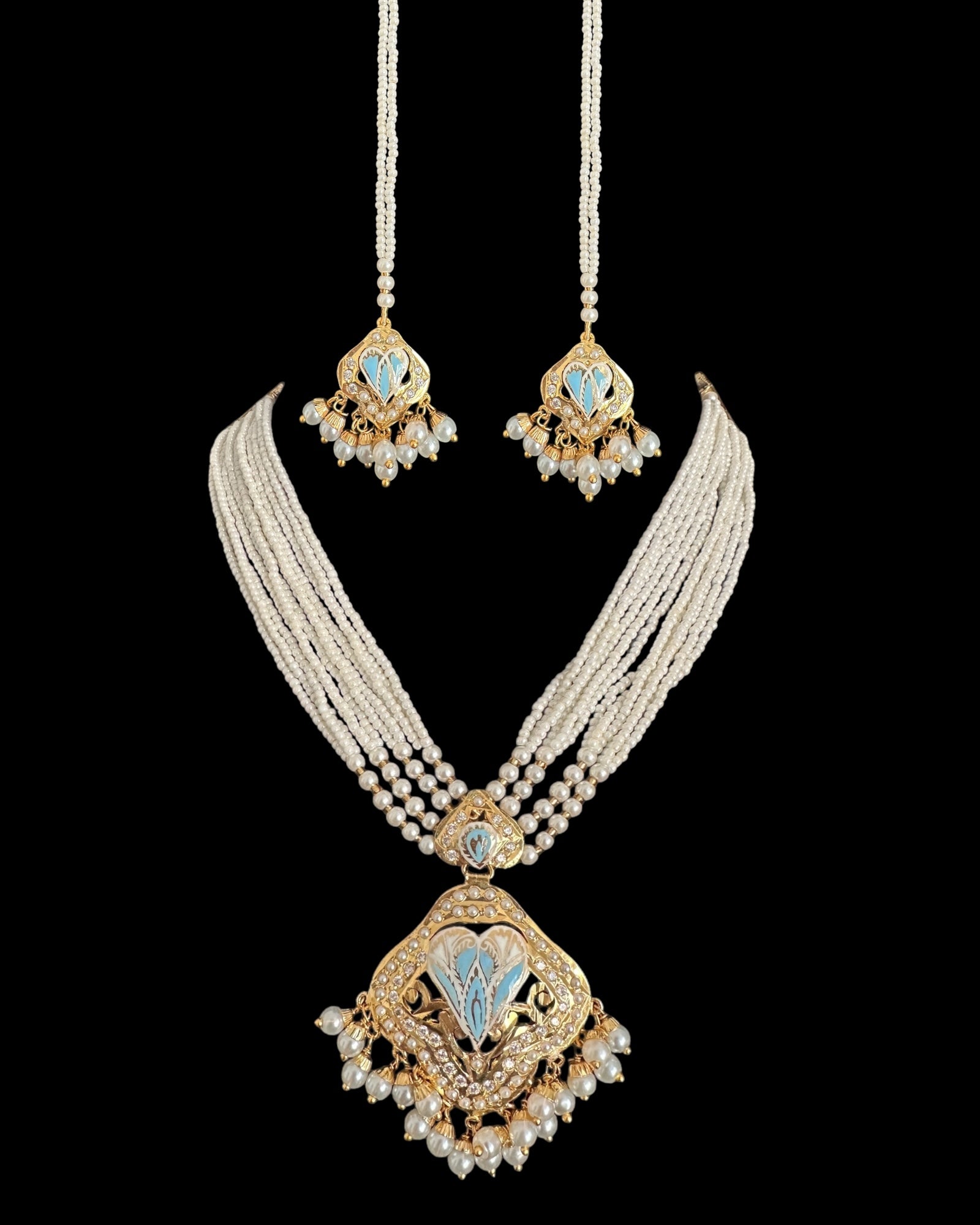 DNS191 punjabi Jadau necklace  set - mint blue&pearl    (READY TO SHIP)