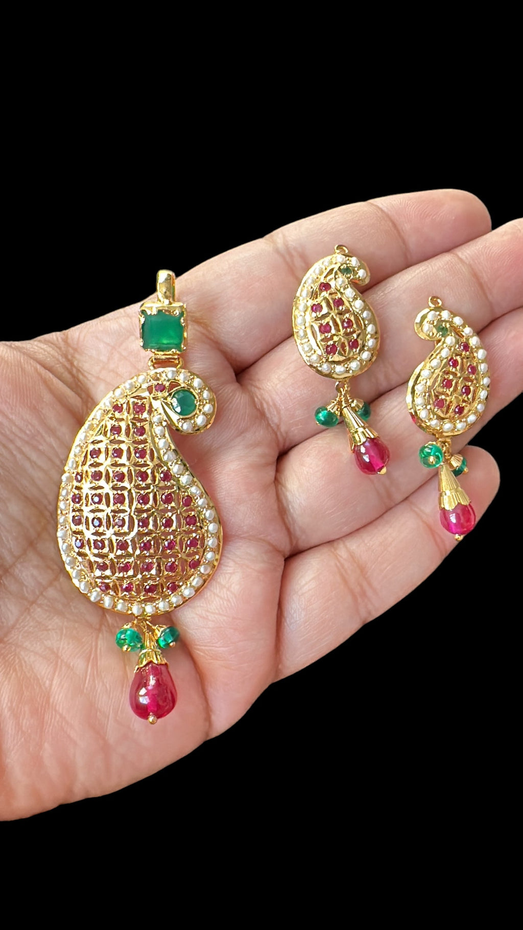 Gold‑Plated Jadau Silver Pendant Set in Ruby & Emeralds 
 ( SHIPS IN 4 WEEKS )