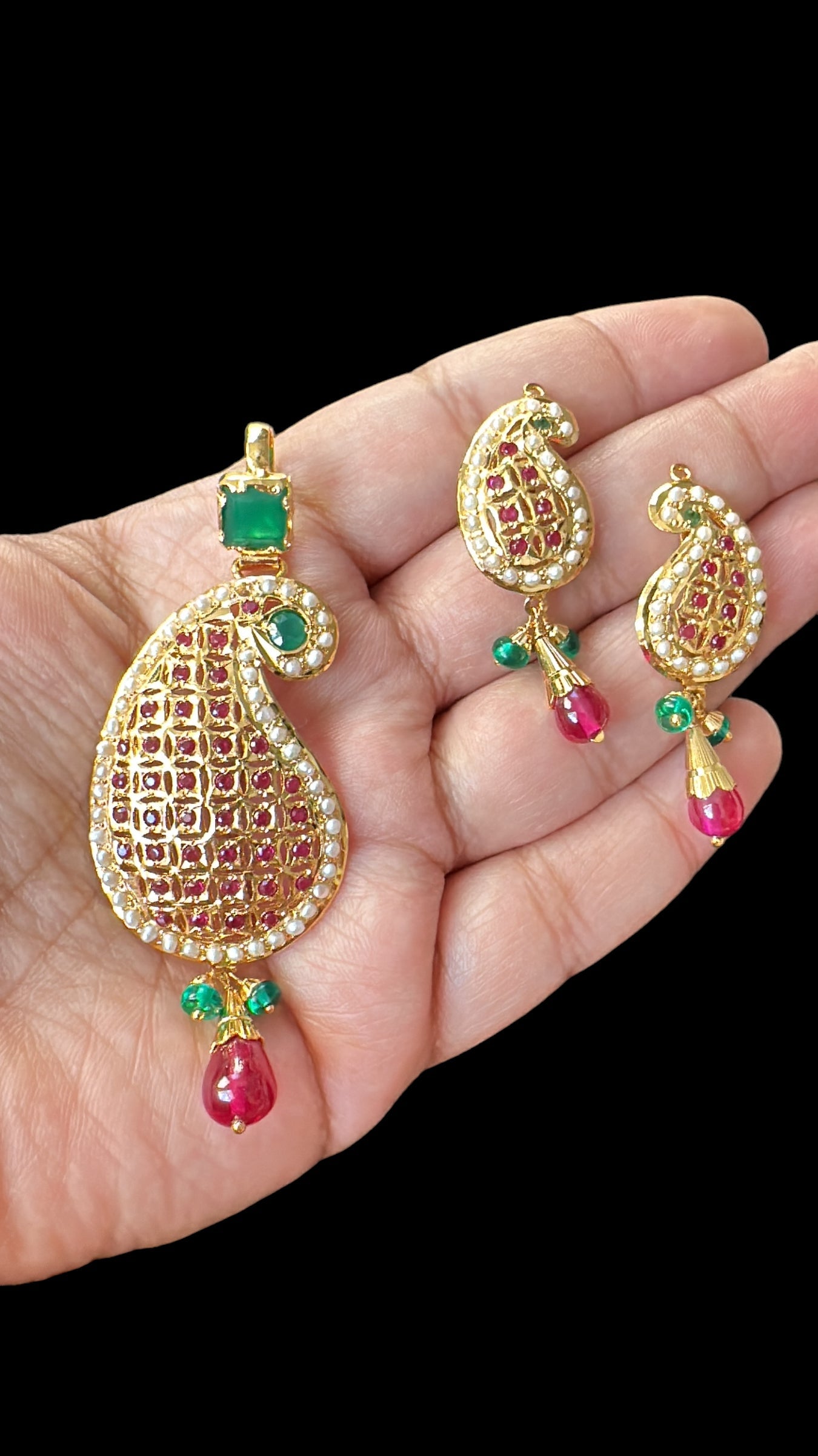 Gold‑Plated Jadau Silver Pendant Set in Ruby & Emeralds 
 ( SHIPS IN 4 WEEKS )