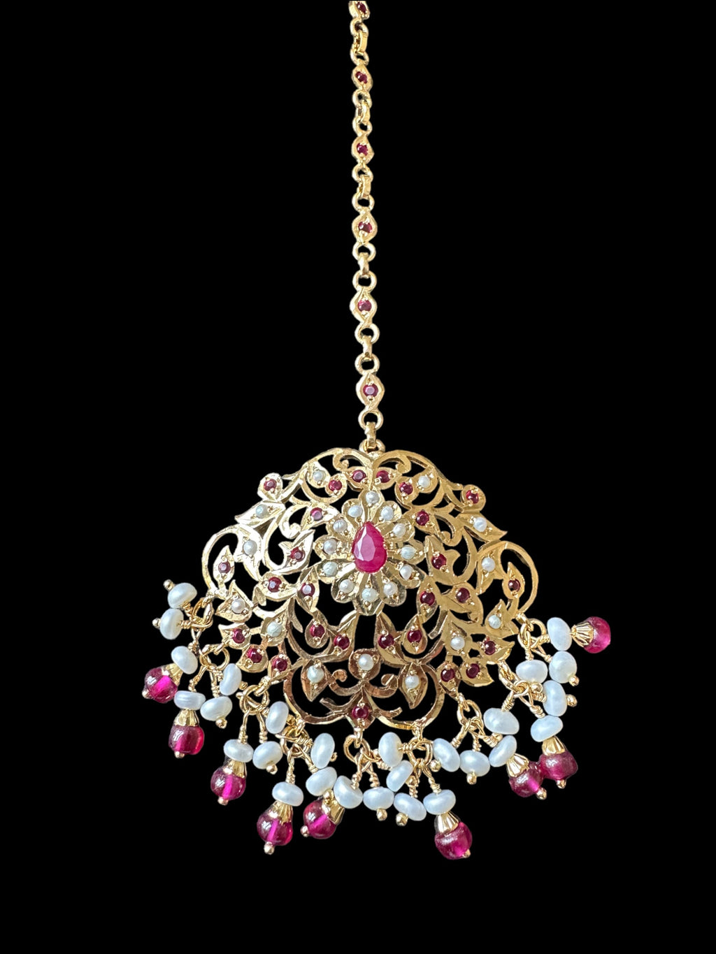 Mehwish Jadau tika in gold plated silver with fresh water pearls and rubies ( SHIPS IN 5 WEEKS )