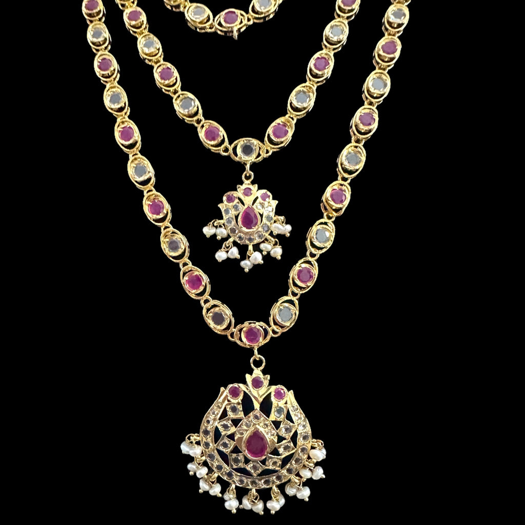 SAT93  Mallika hyderabadi three layer necklace set in ruby with fresh water pearls ( READY TO SHIP )