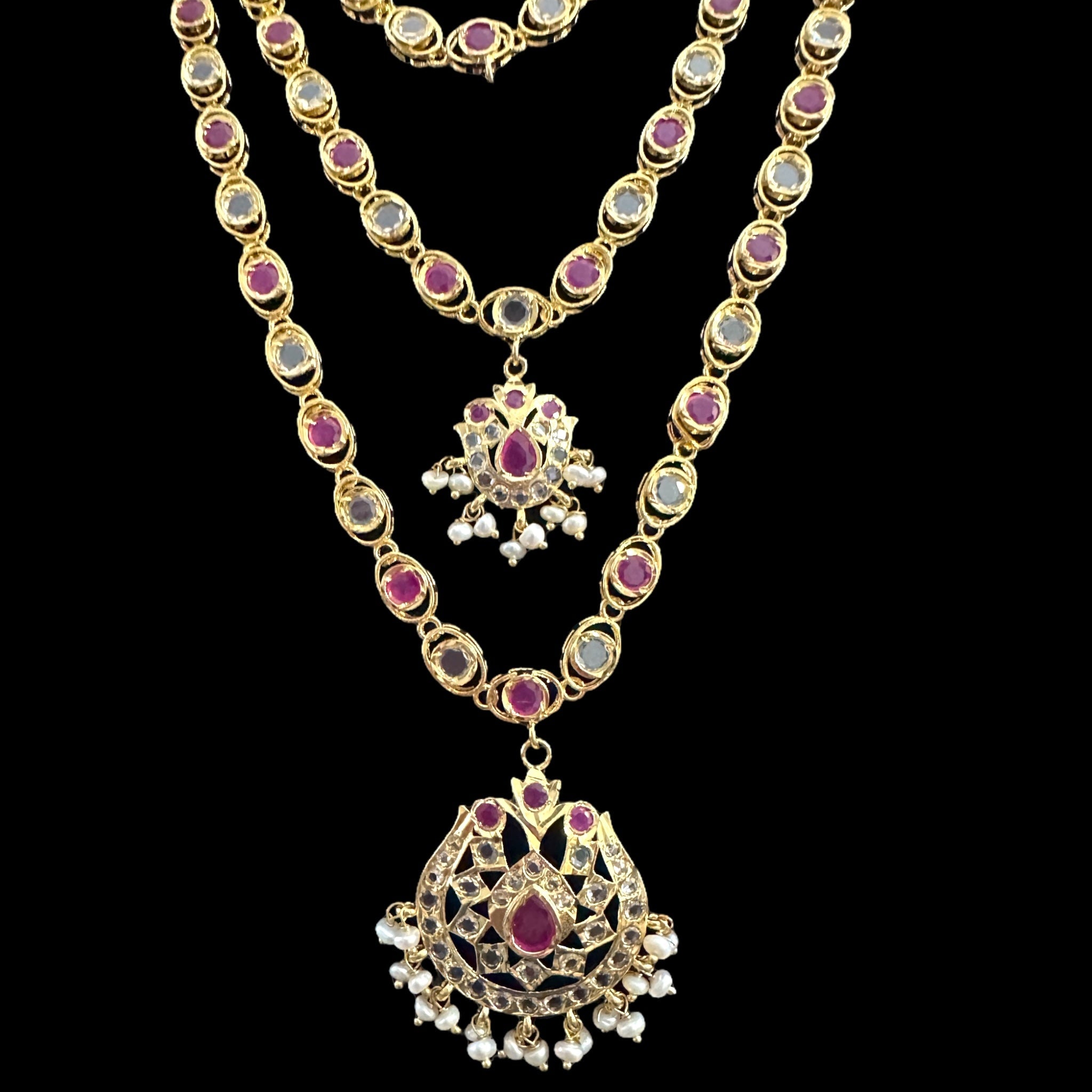 SAT93  Mallika hyderabadi three layer necklace set in ruby with fresh water pearls ( READY TO SHIP )