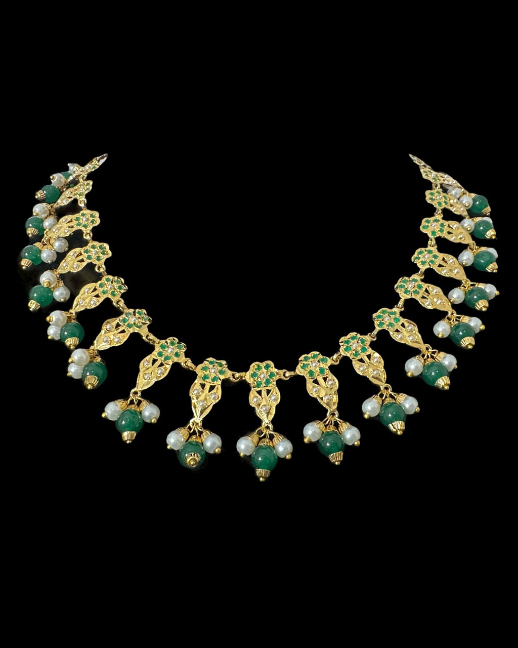 DNS194  Alea punjabi Jadau necklace  set - Emerald / Green   (READY TO SHIP)