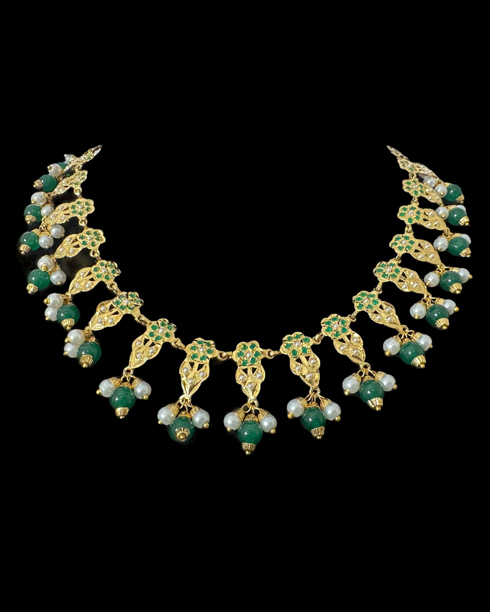 DNS194  Alea punjabi Jadau necklace  set - Emerald / Green   (READY TO SHIP)
