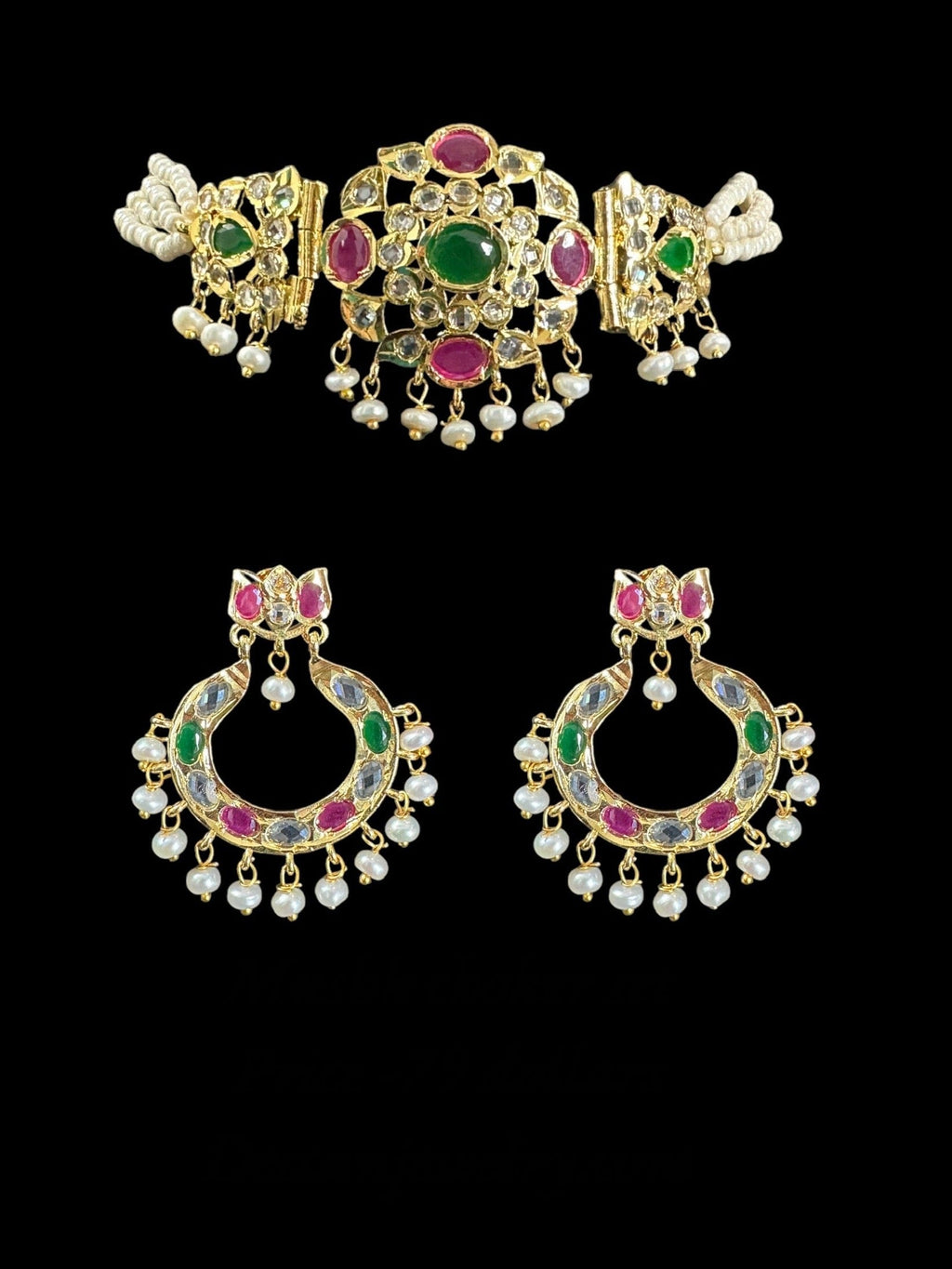 C329 MUSHK hyderabadi choker with earrings -Ruby emerald  ( SHIPS IN 3 WEEKS  )