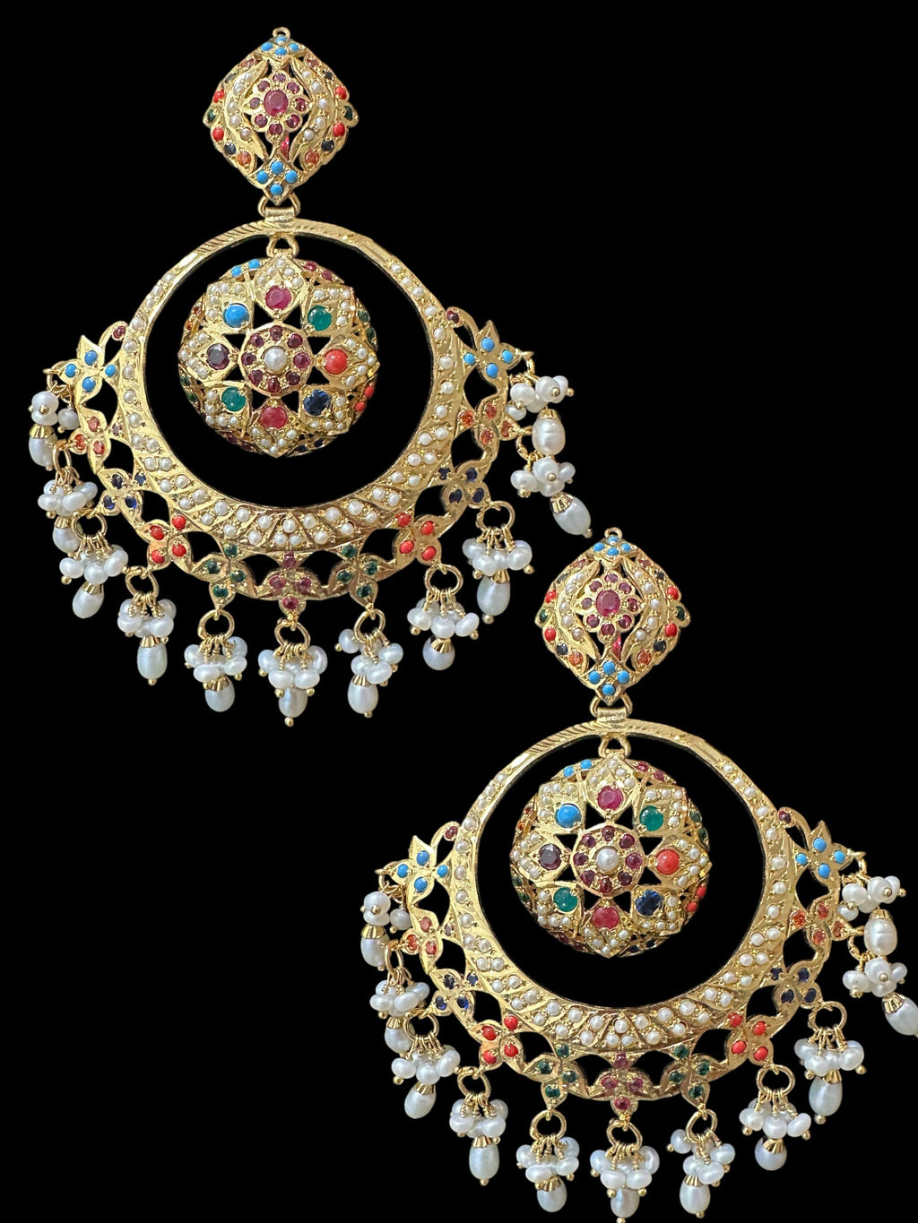 92.5 Silver Gold-Plated Earrings in Navratan with Freshwater Pearls – Handcrafted Jadau chandbali 
(READY TO SHIP )