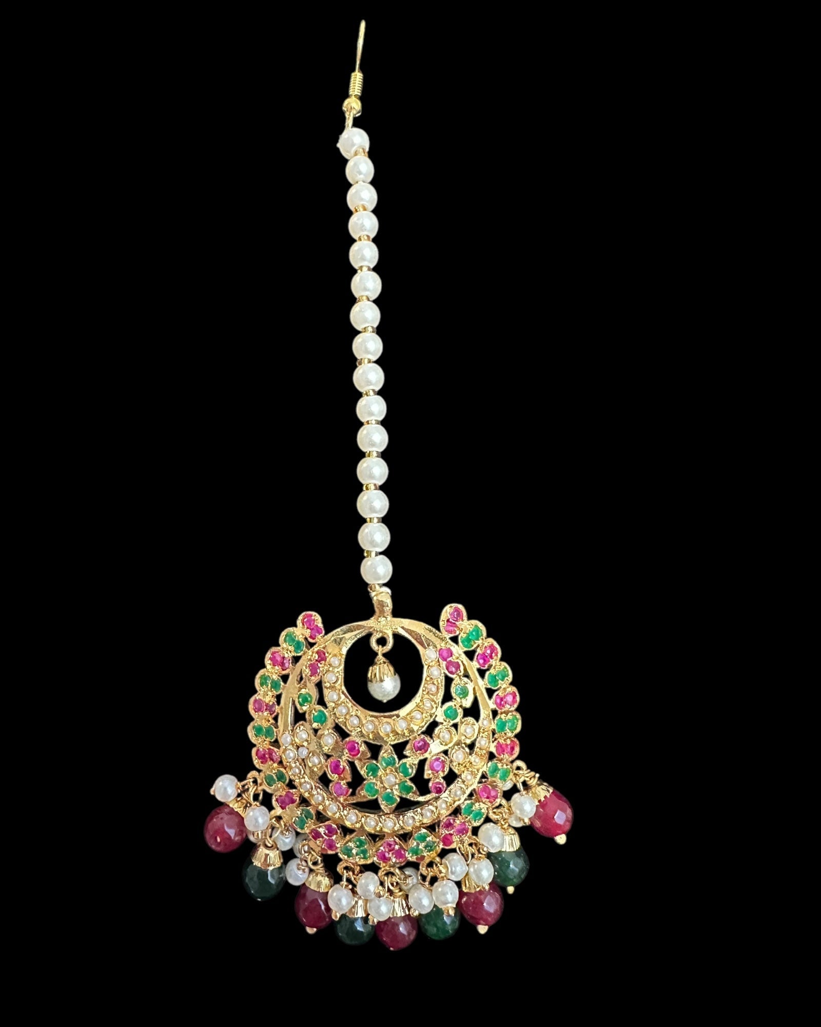 Dafiya ruby emerald Chandbali Earrings & Tika Set | Ready to Ship | Deccan Jewelry