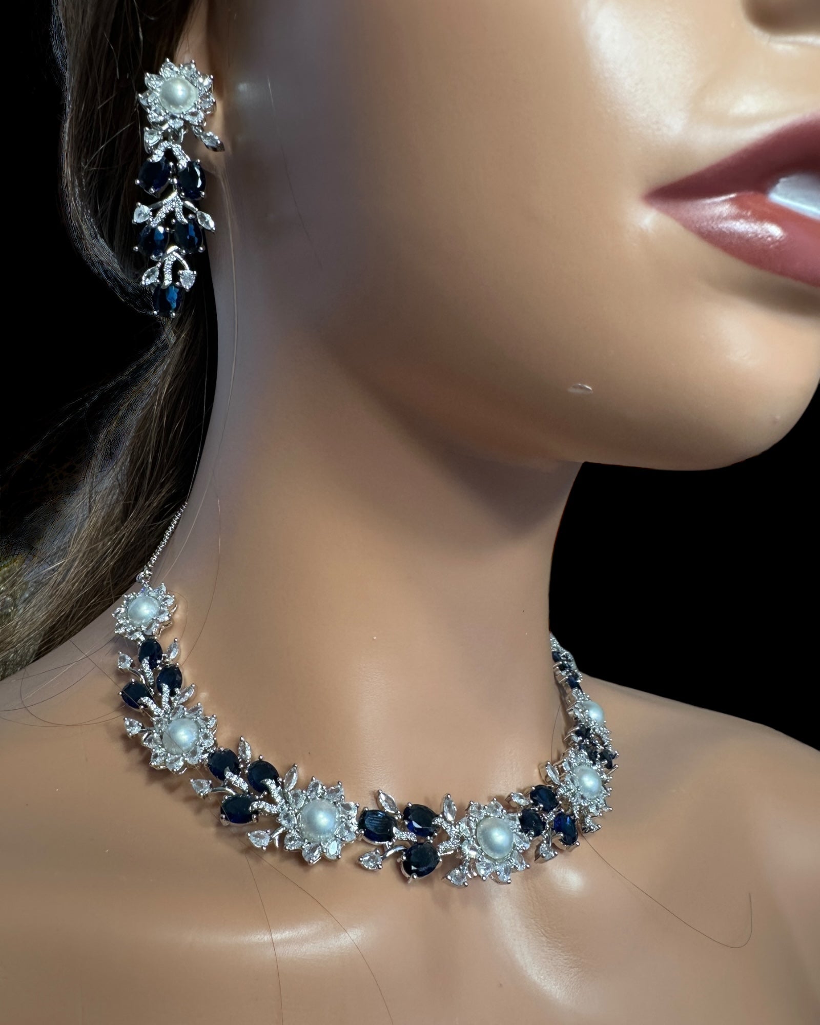 DNS137B silver plated necklace set - BLUE / SAPPHIRE  ( READY TO SHIP )