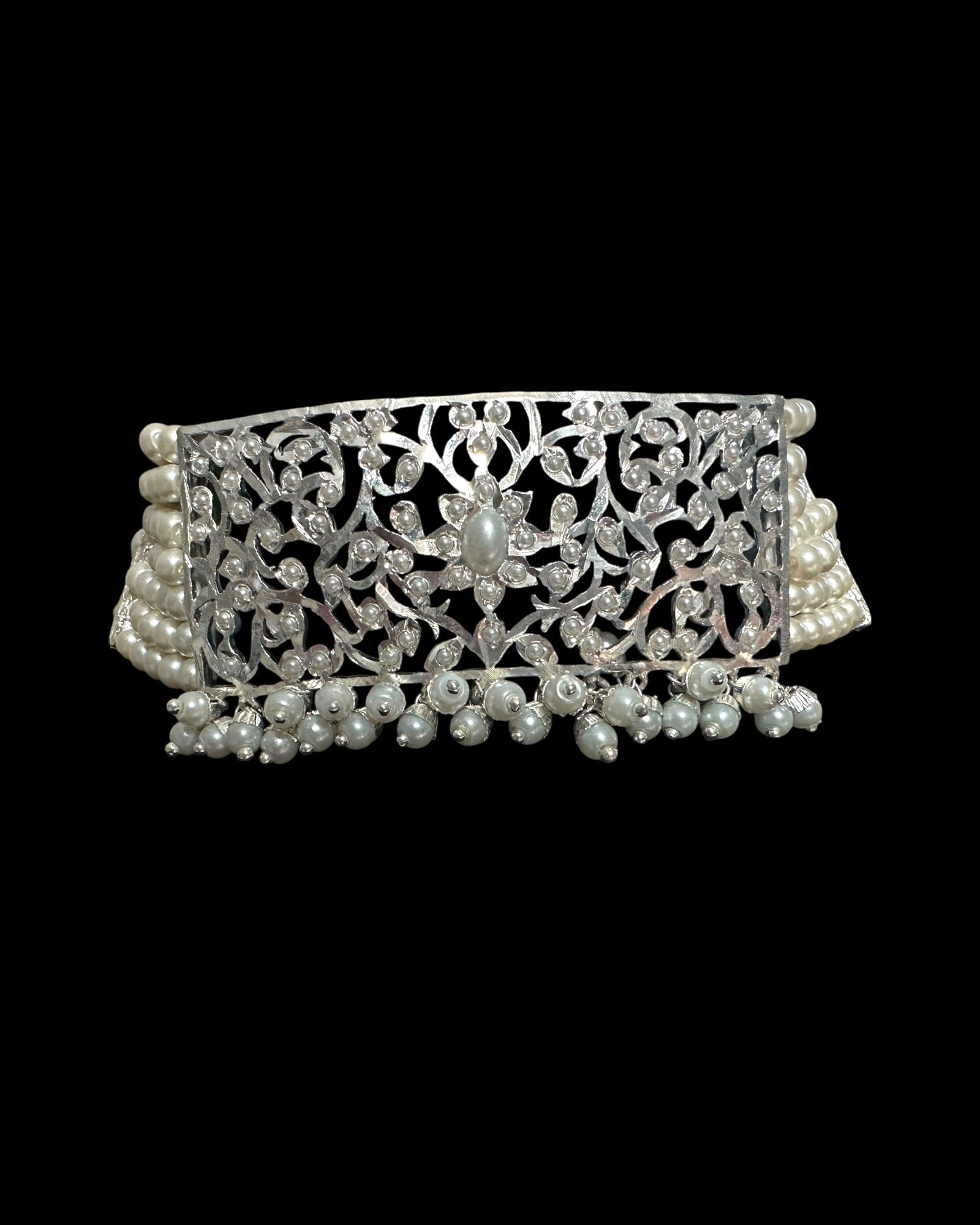 C569 Silver plated jadau choker in pearls ( SHIPS IN 4 WEEKS )