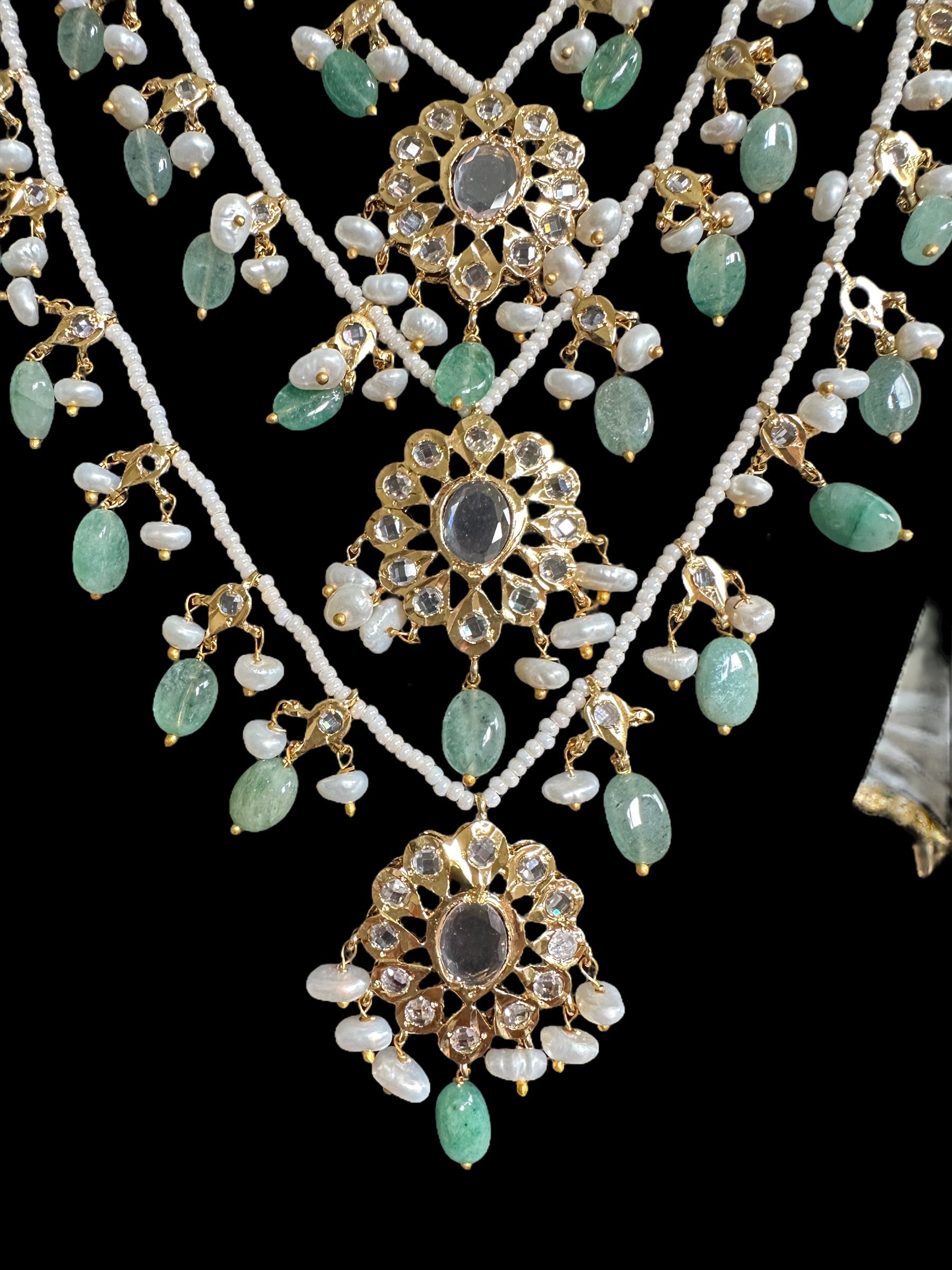 SAT90 GOLD PLATED SATLADA WITH FRESH WATER PEARLS AND EMERALD BEADS ( READY TO SHIP )