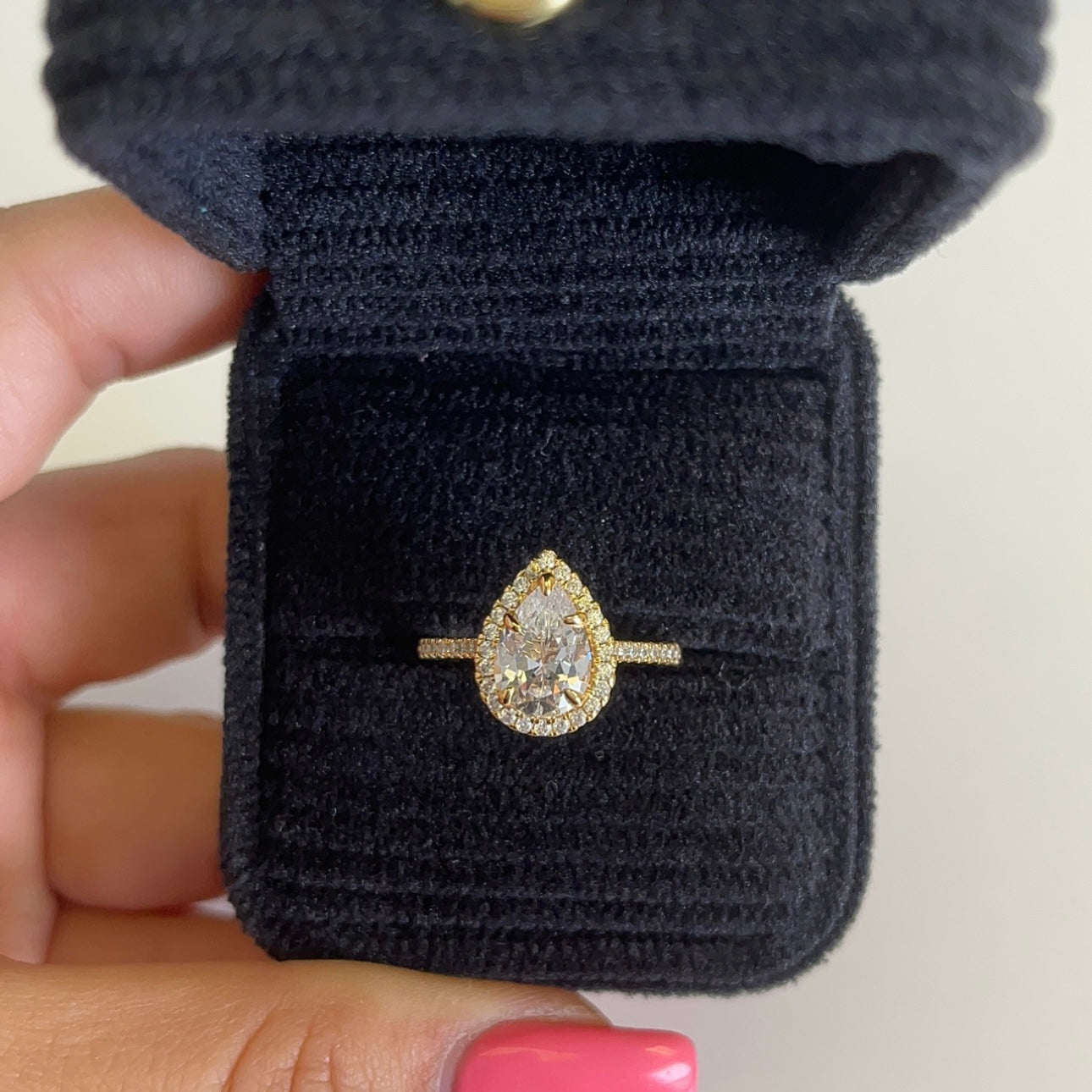 2.0ct Pear Cut Black Moissanite Halo Ring