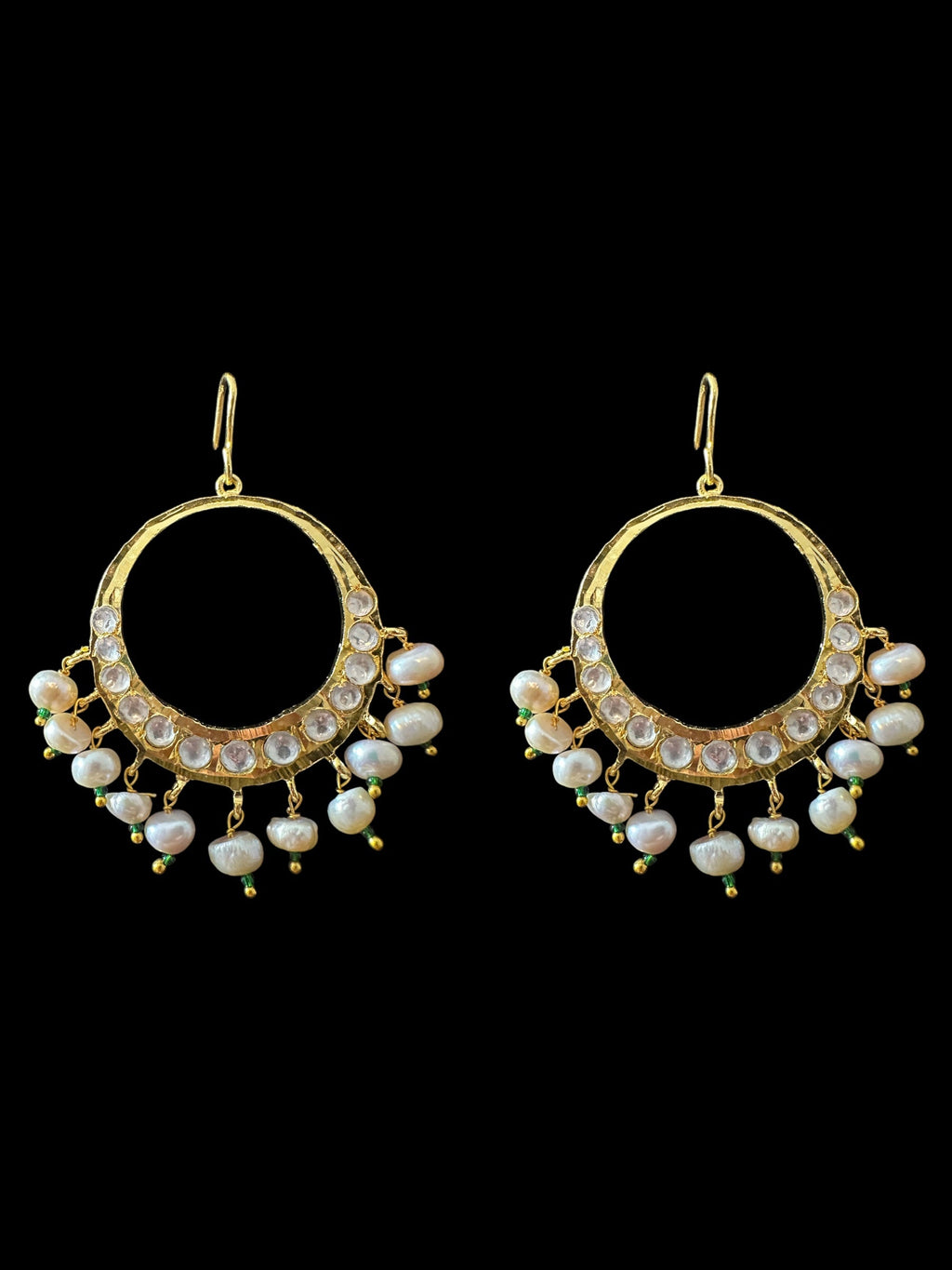 DER720 Afia gold plated moissanite Polki chandbali with fresh water pearls (SHIPS IN 3 WEEKS )