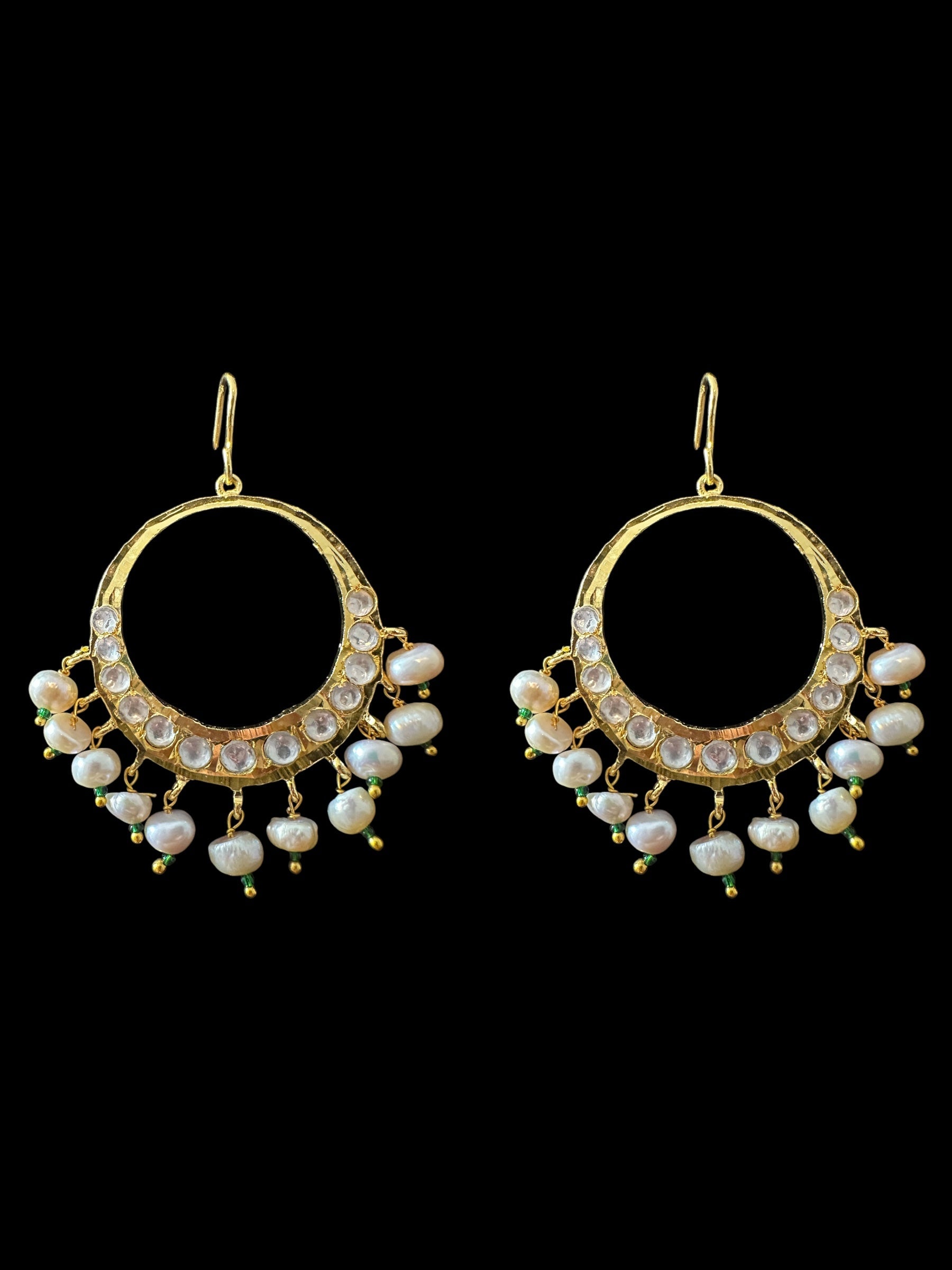 DER720 Afia gold plated moissanite Polki chandbali with fresh water pearls (SHIPS IN 3 WEEKS )