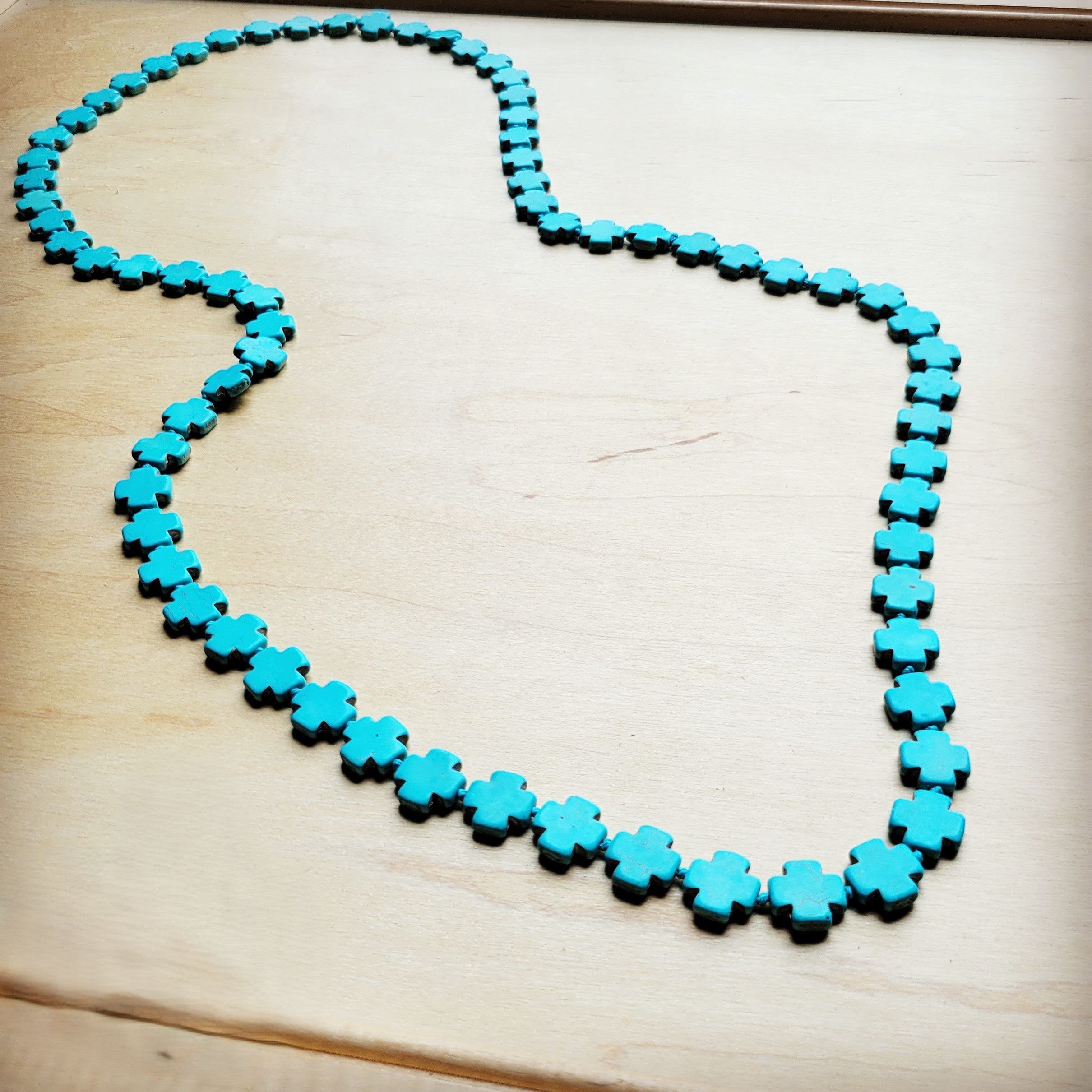 **Long Turquoise Beaded Cross Necklace 258L