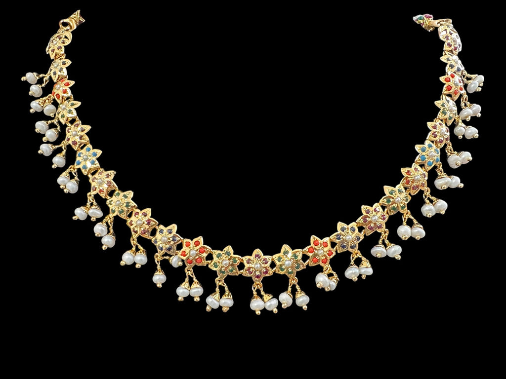 Navratan / Multicolored Jadau Necklace Set in Gold Plated Silver ( READY TO SHIP )