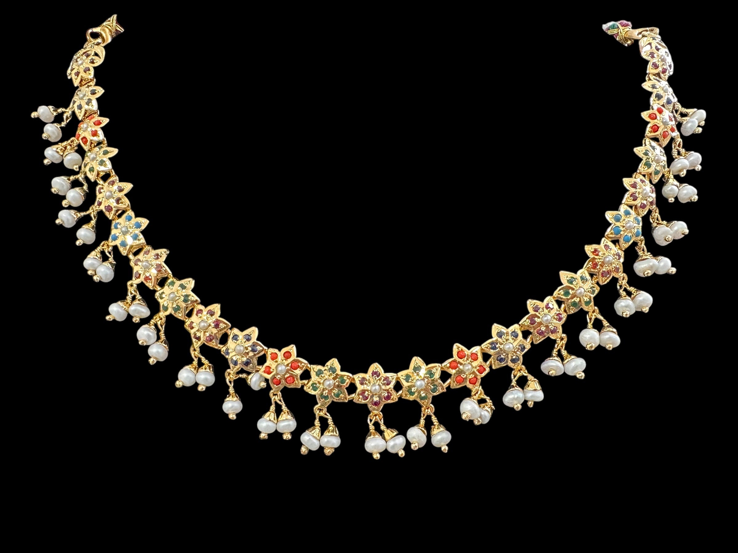 Navratan / Multicolored Jadau Necklace Set in Gold Plated Silver ( READY TO SHIP )