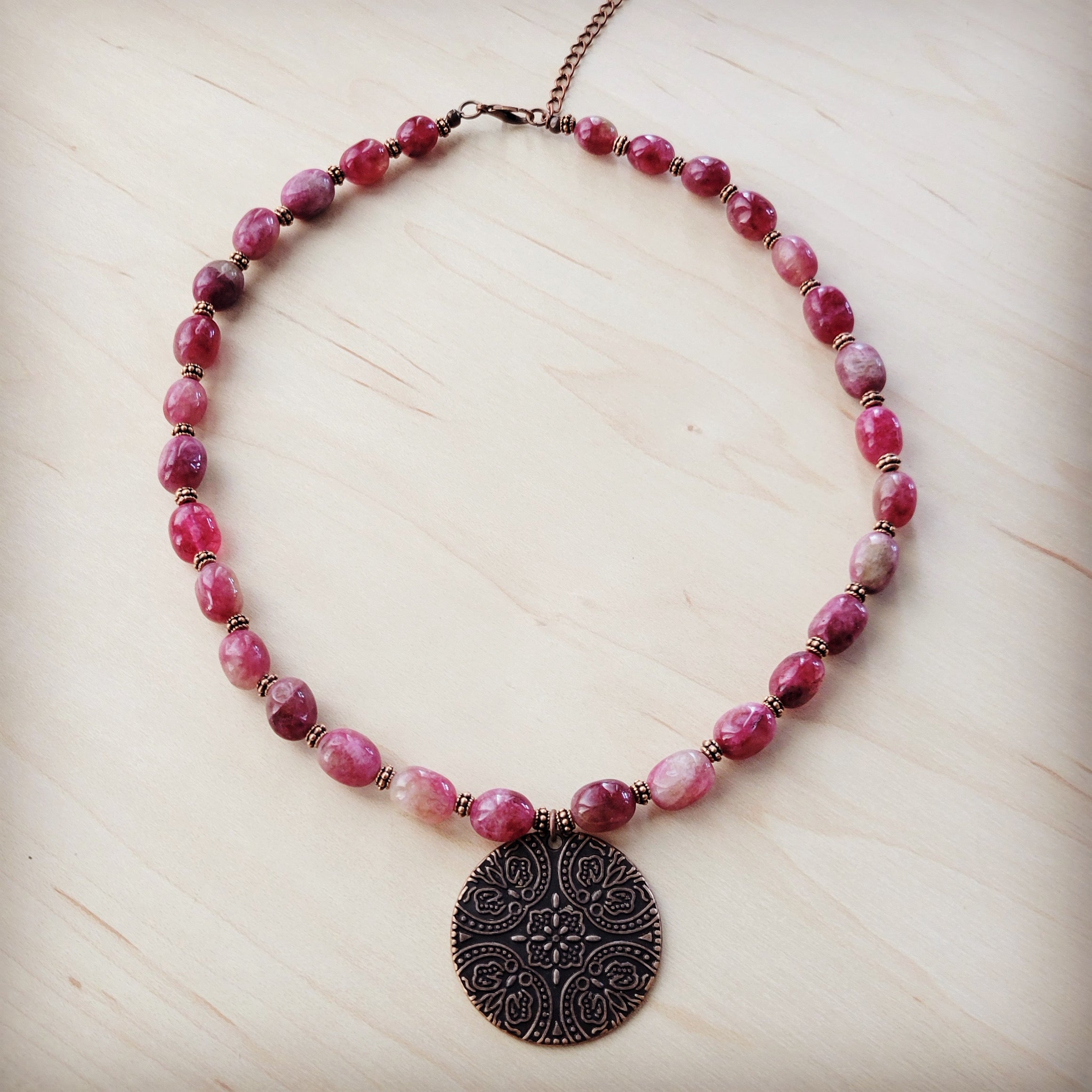 Natural Pink Jade Beaded Collar Necklace w/ Scroll Pendant 261L