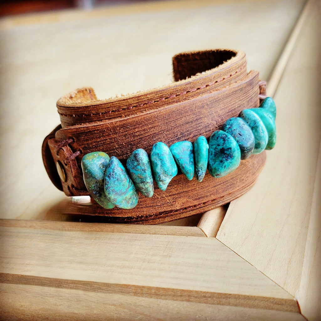 Genuine Leather Wide Cuff Bracelet w/ Large Natural Turquoise Chunks 007u