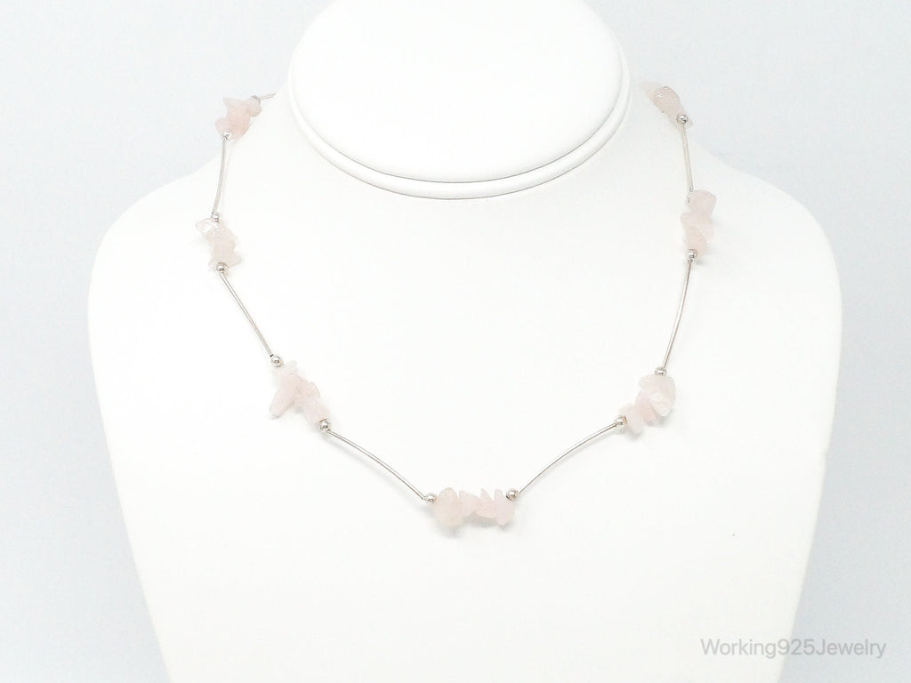 Vintage Rose Quartz Bead Sterling Silver Necklace