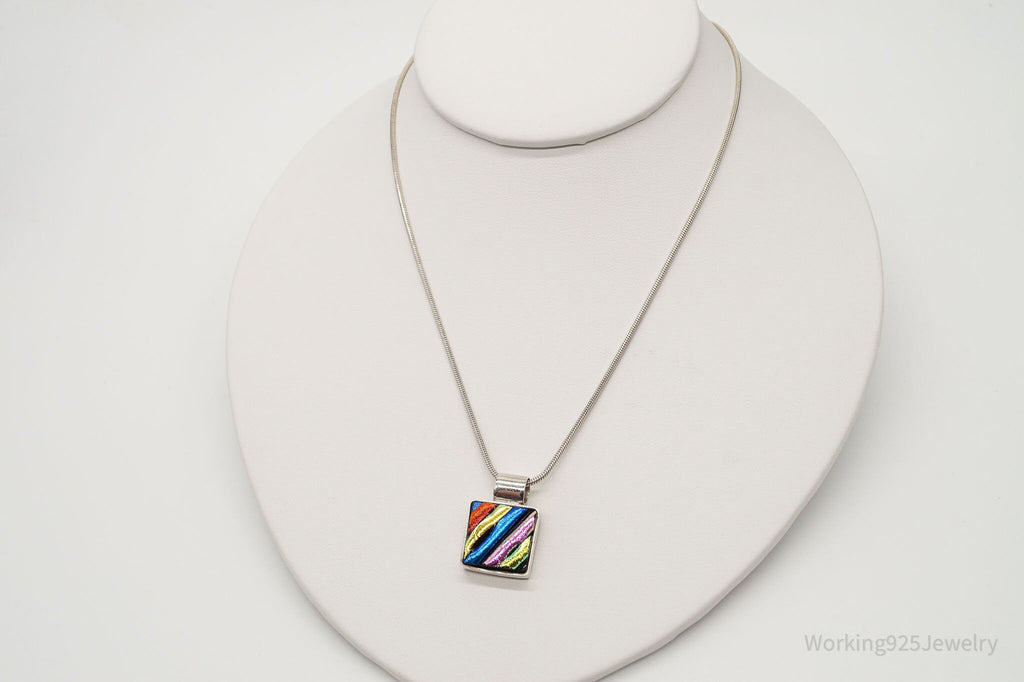 Vintage Rainbow Dichroic Glass Sterling Silver Necklace