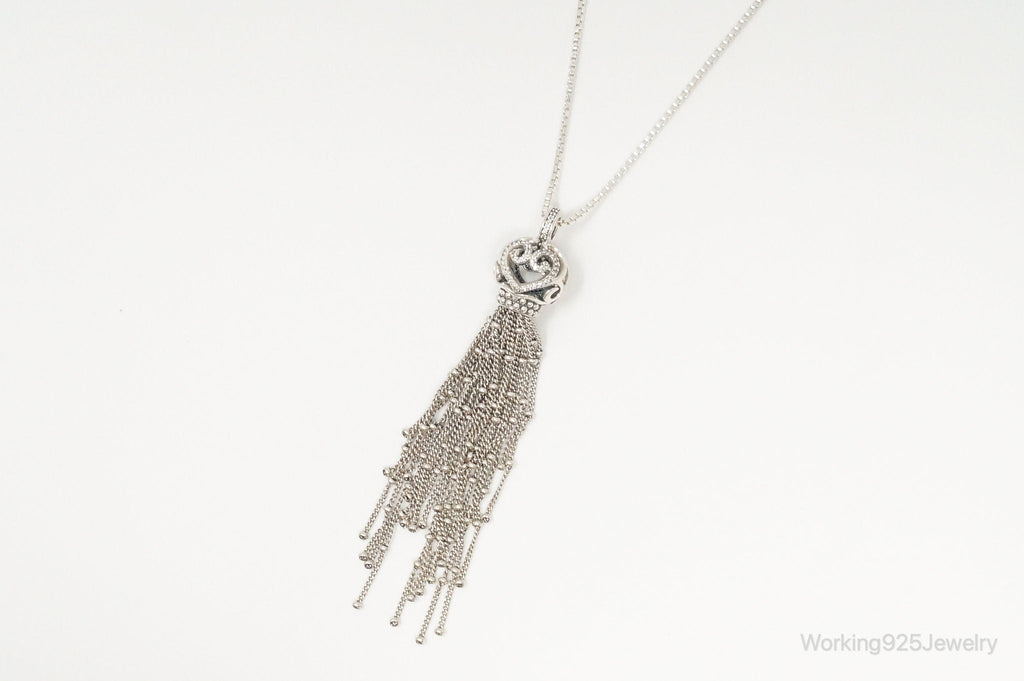 Vintage Open Heart Cubic Zirconia Mesh Sterling Silver Necklace