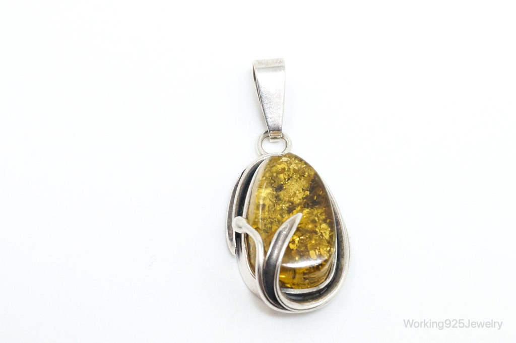 Vintage Honey Amber Modernist Sterling Silver Necklace Pendant