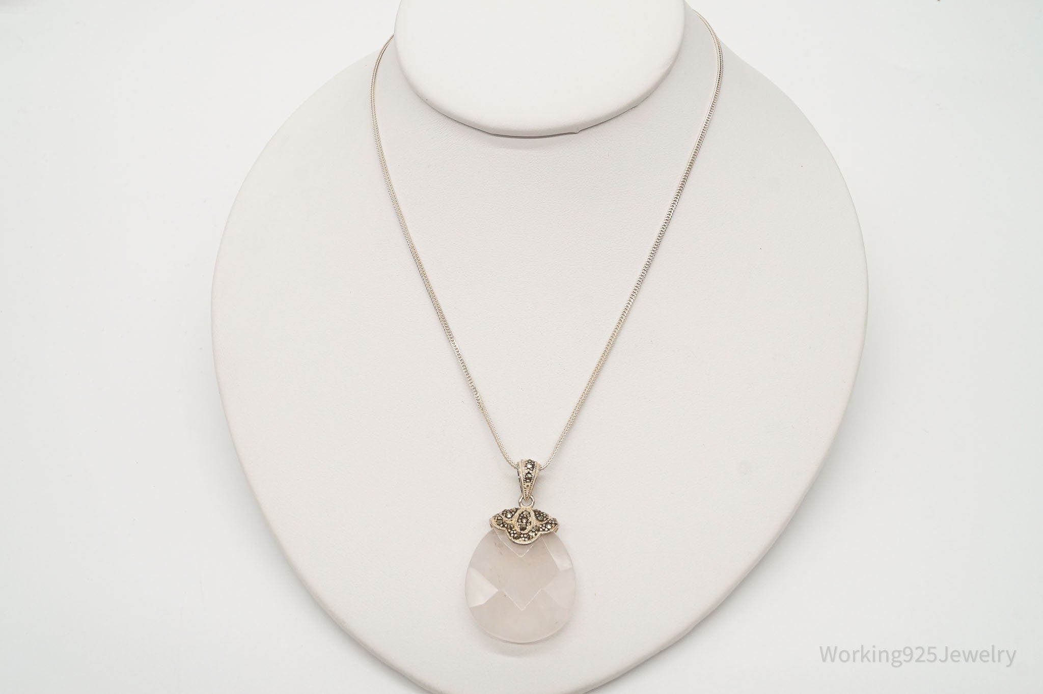 Vintage Large Rose Quartz Marcasite Sterling Silver Necklace