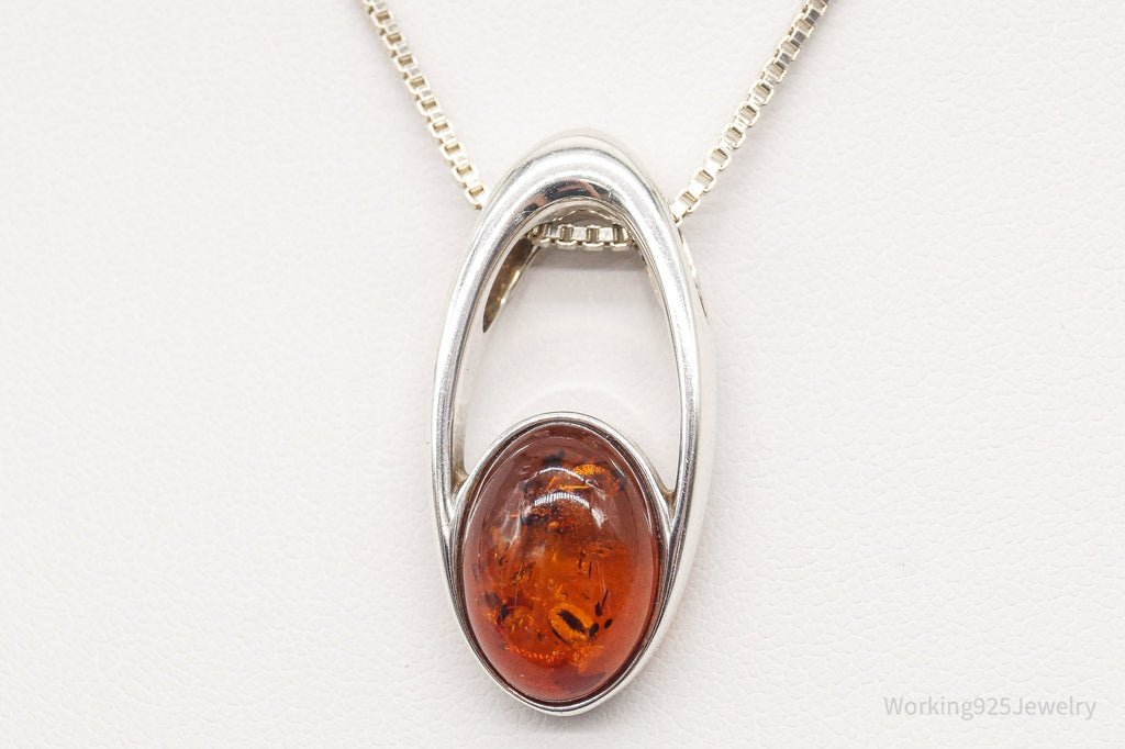 Vintage Amber Modernist Sterling Silver Chain Necklace