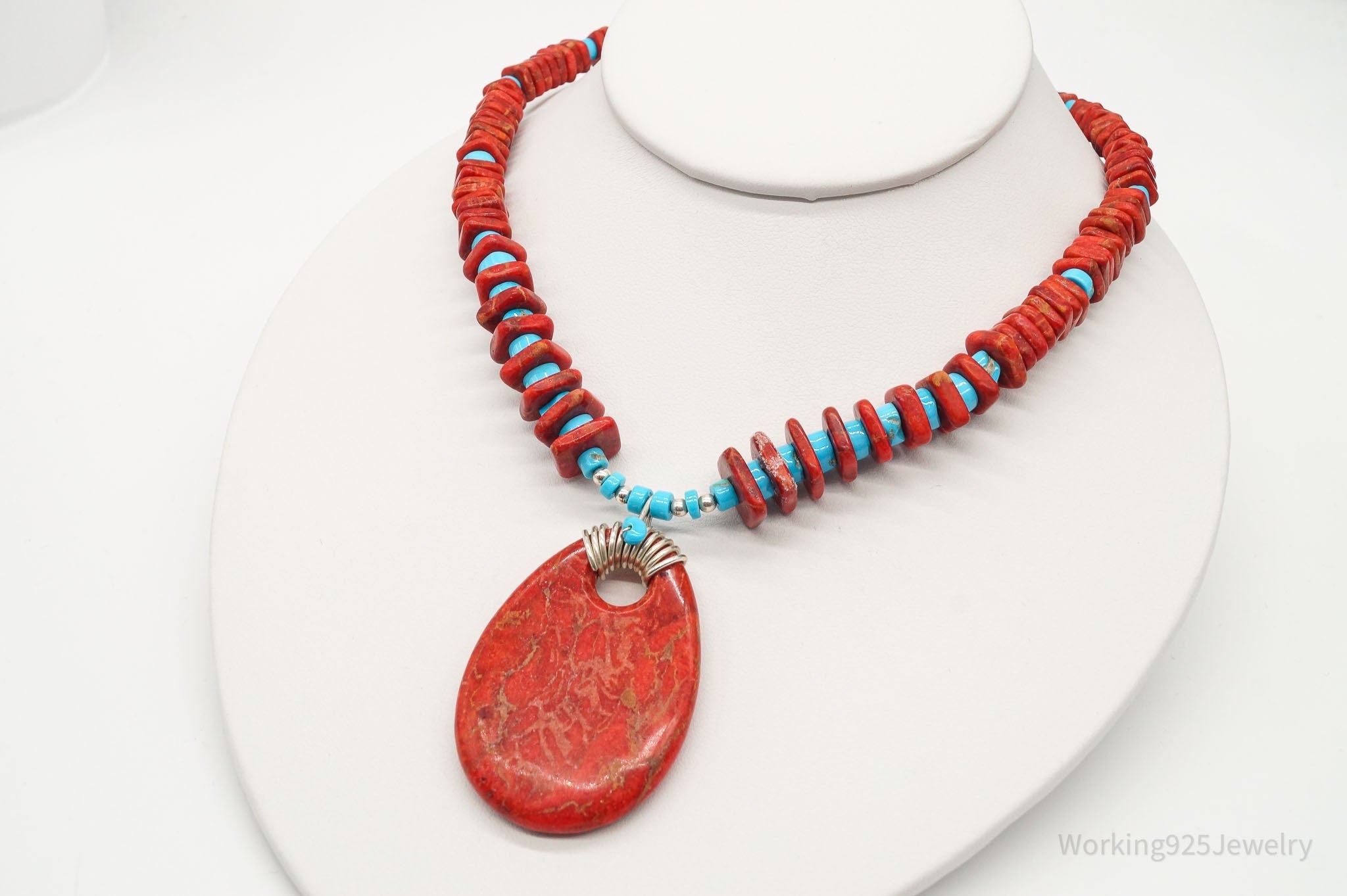 Vintage Native American Running Bear Coral Turquoise Bead SS Necklace