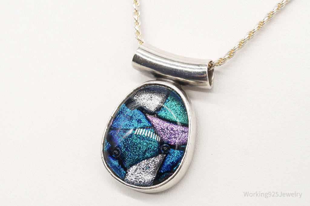 Vintage Large Dichroic Glass Sterling Silver Necklace