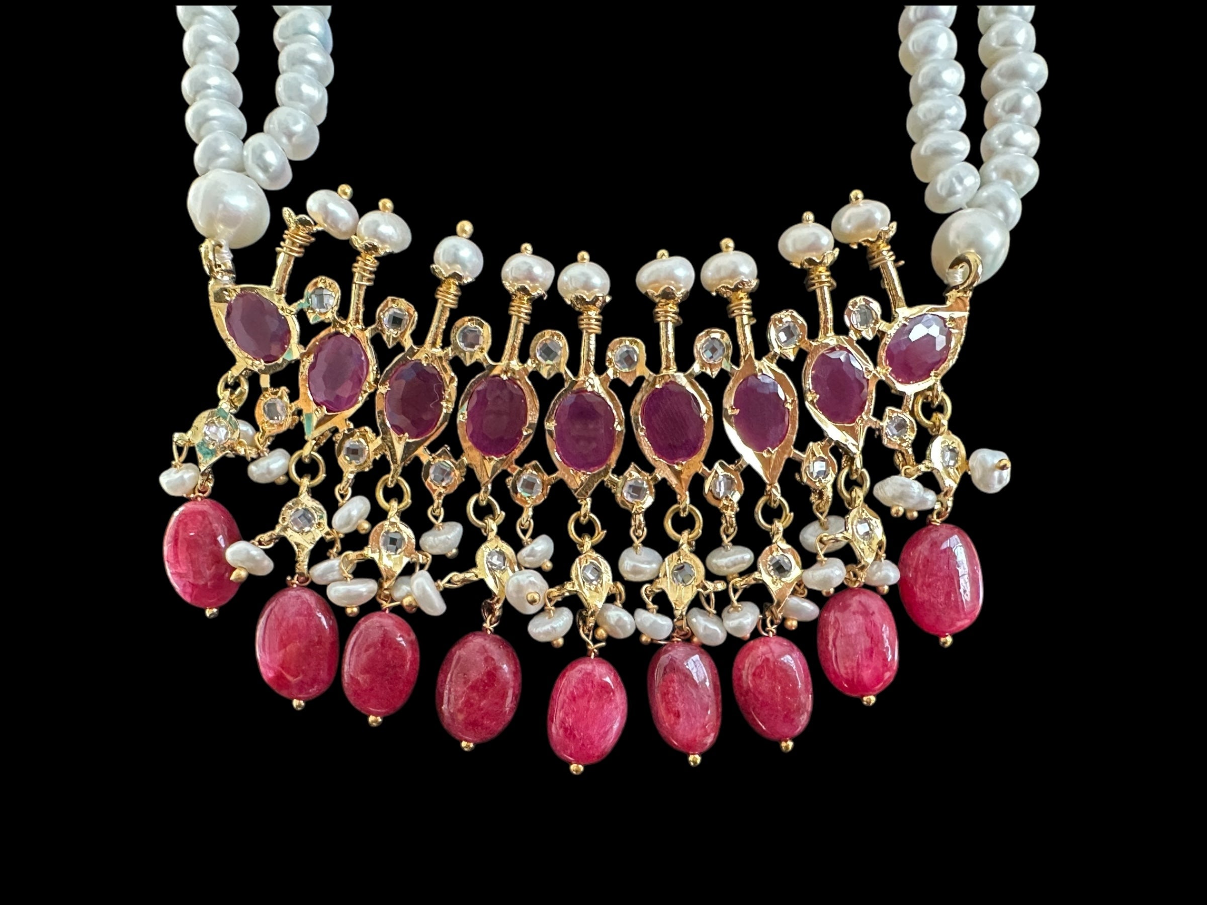 PS508 Tirmani in Rubies with Freshwater Pearls and Chandbali Earrings – Gold-Plated Lightweight Jewelry( READY TO SHIP )
