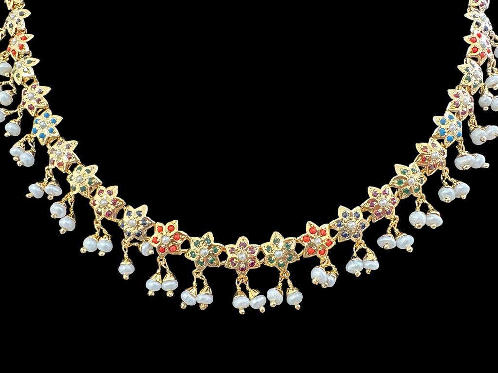 Navratan / Multicolored Jadau Necklace Set in Gold Plated Silver ( READY TO SHIP )
