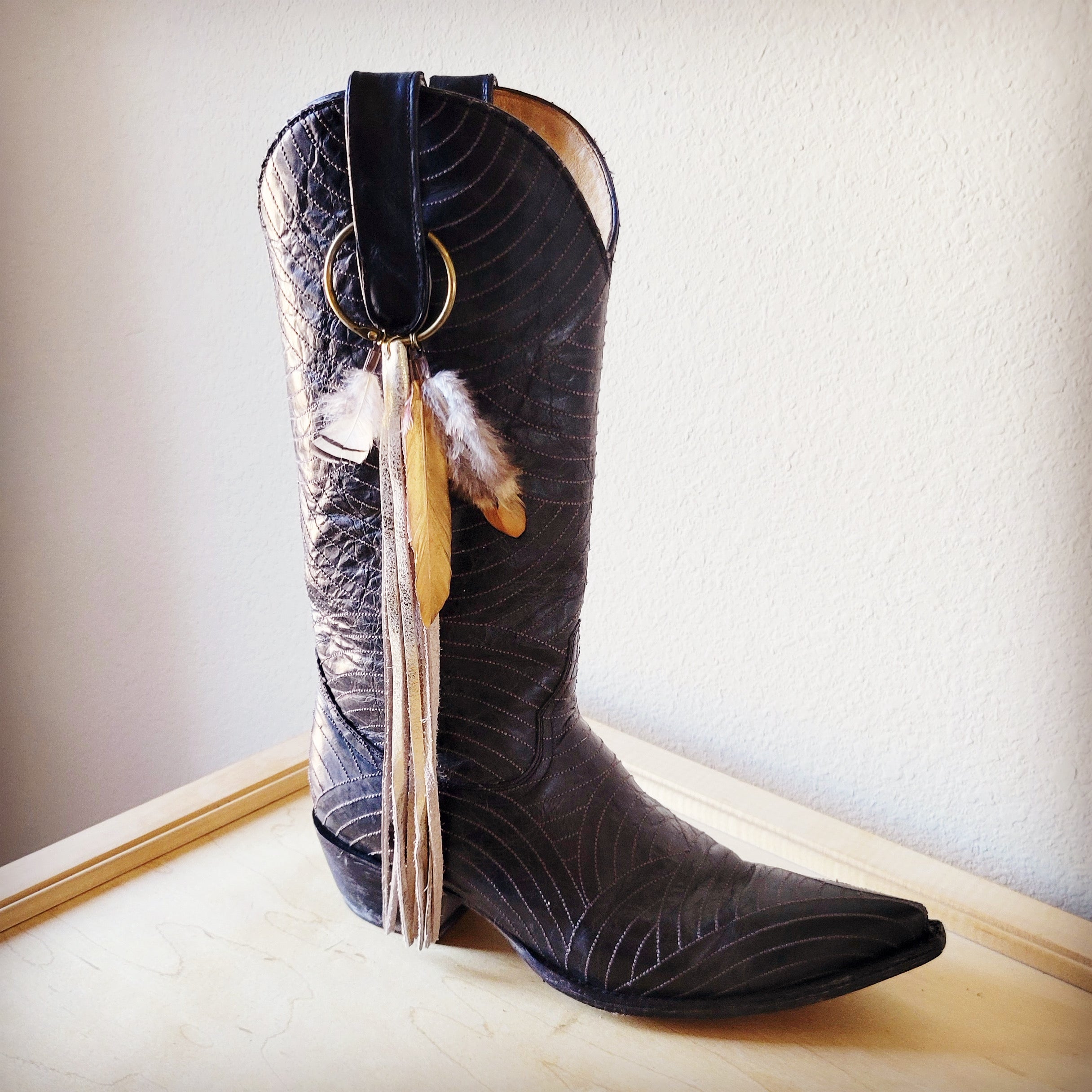 Boho Western Boot Bling Charm with Leather Fringe 500b