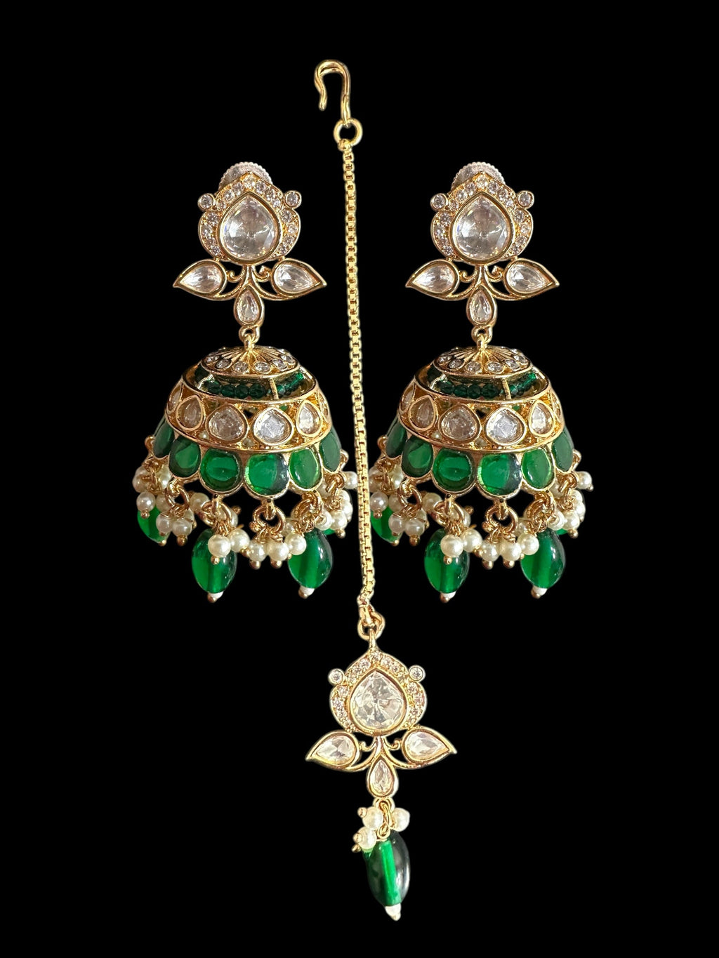 Savera Polki jhumka and tika set in green ( READY TO SHIP )