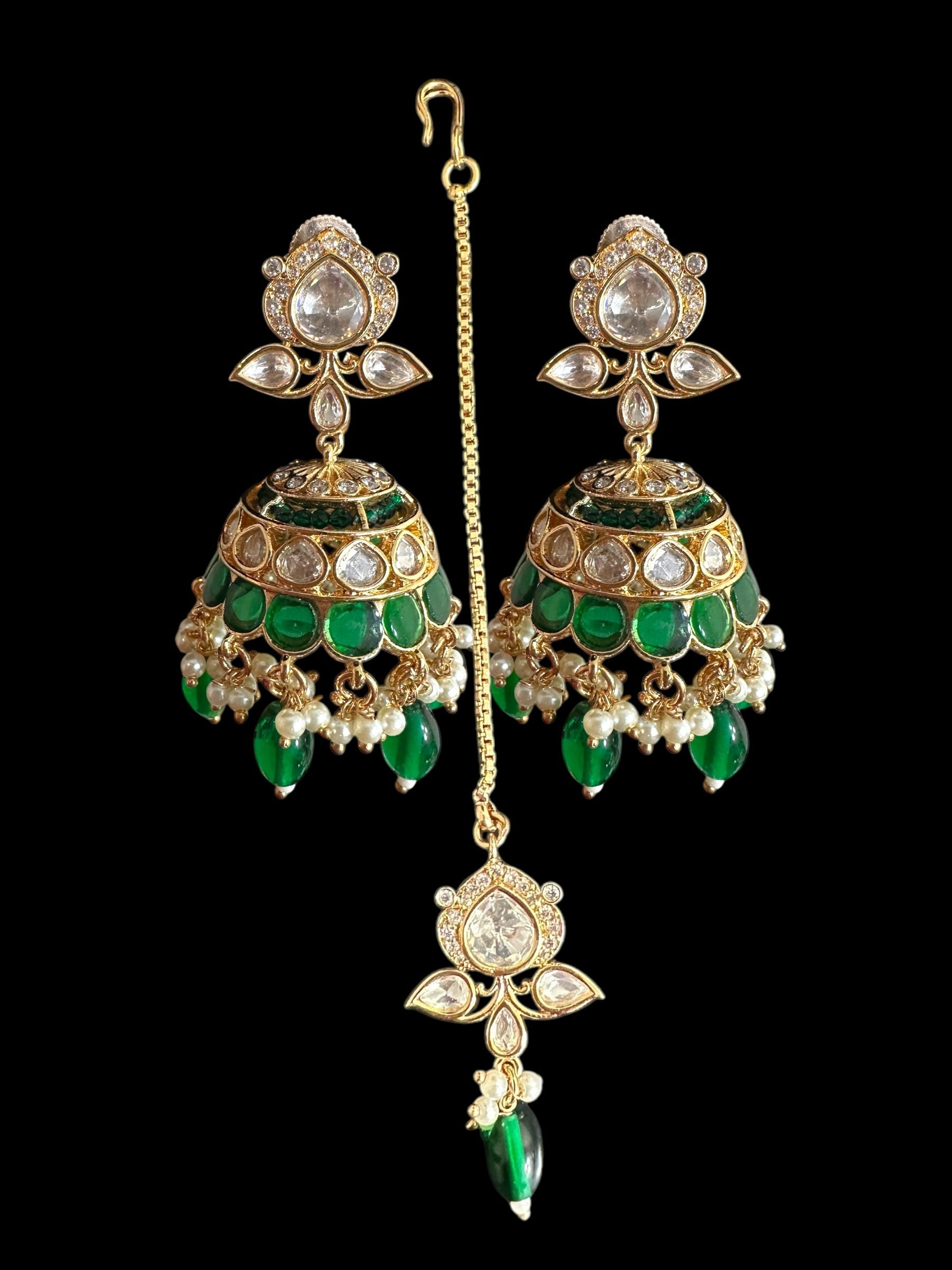 Savera Polki jhumka and tika set in green ( READY TO SHIP )