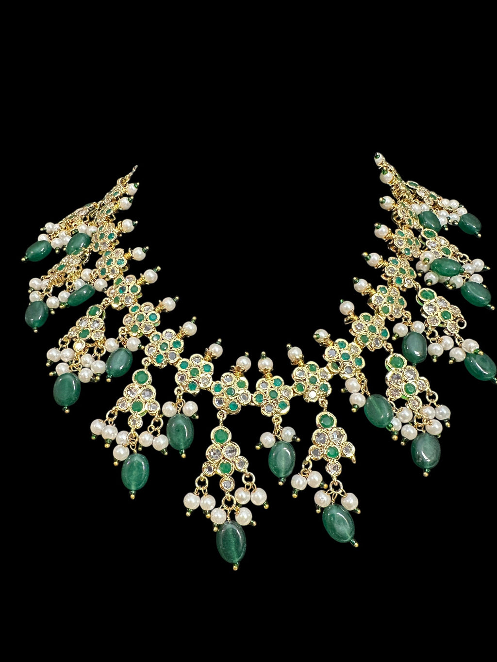 DNS151 Hyderabadi necklace with chandbali - green beads ( READY TO SHIP )