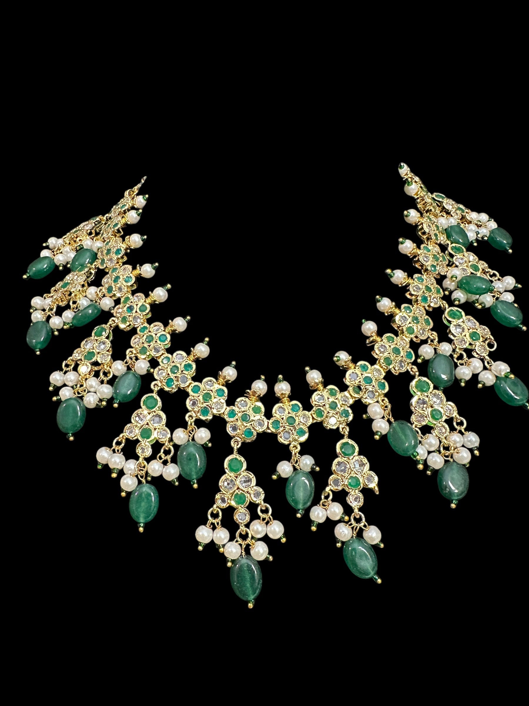 DNS151 Hyderabadi necklace with chandbali - green beads ( READY TO SHIP )