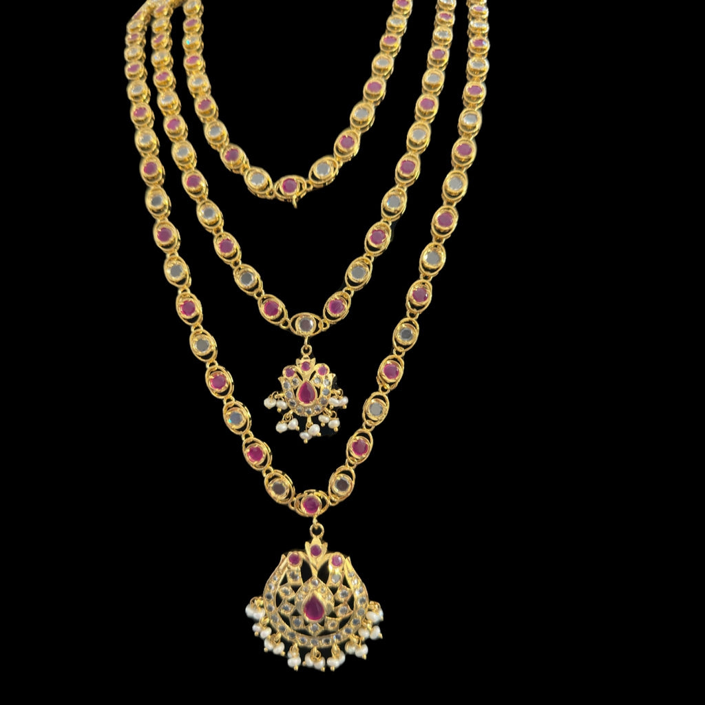 SAT93  Mallika hyderabadi three layer necklace set in ruby with fresh water pearls ( READY TO SHIP )