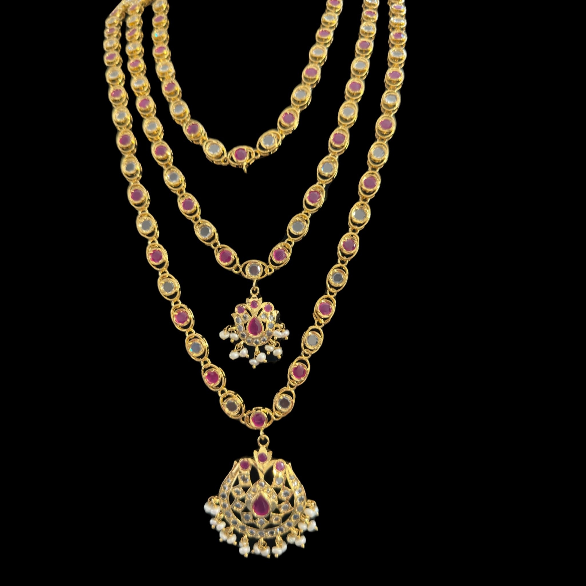 SAT93  Mallika hyderabadi three layer necklace set in ruby with fresh water pearls ( READY TO SHIP )