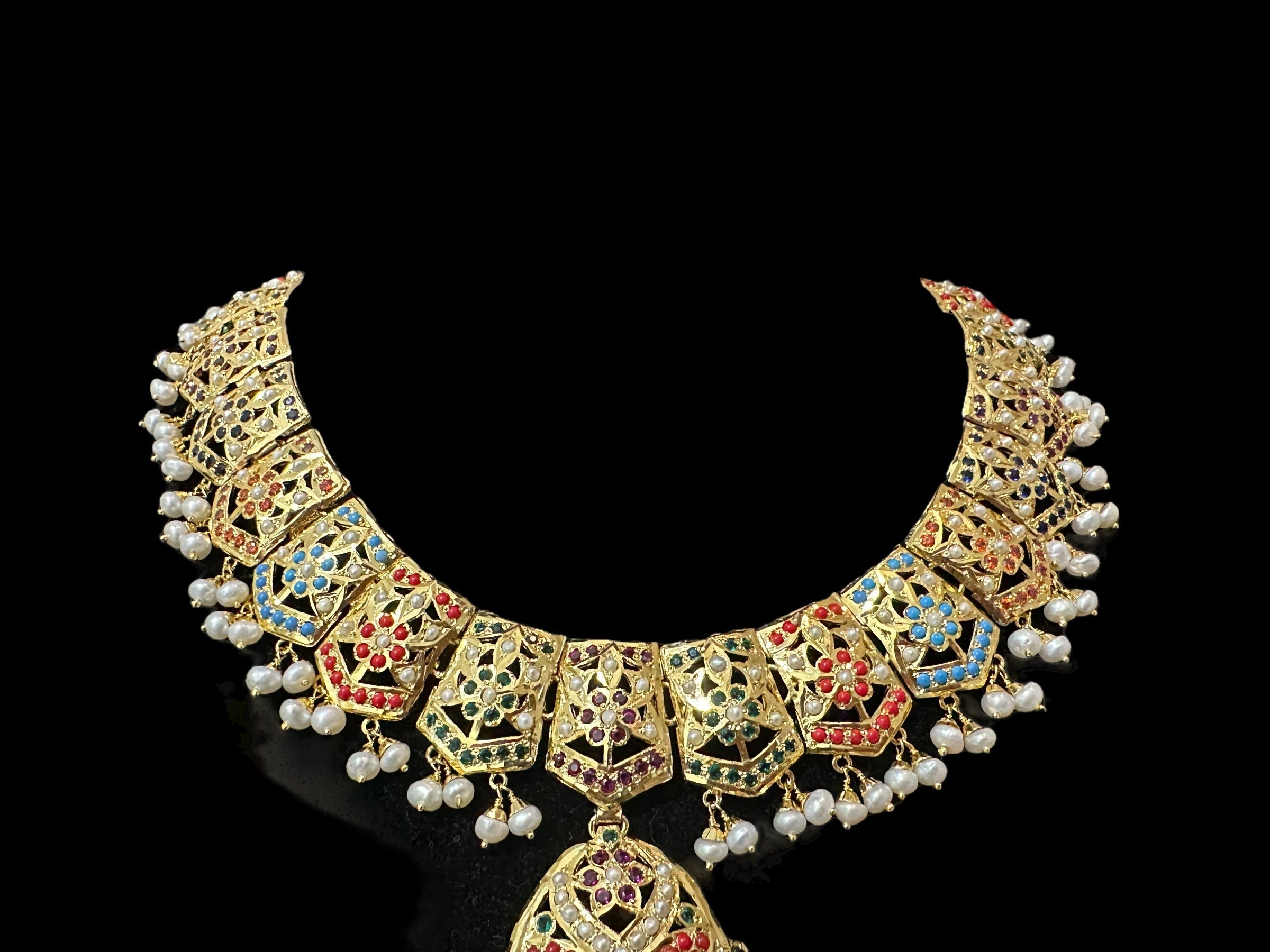 Navratan / Multicolored Jadau Necklace Set in Gold Plated Silver ( SHIPS IN 5 WEEKS  )
