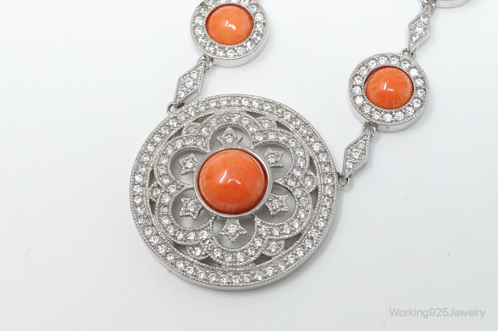 Vintage Designer Joseph Esposito Coral Cubic Zirconia Sterling Silver Necklace