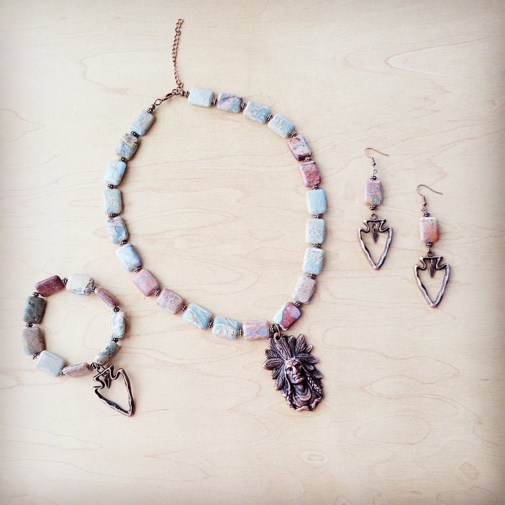 Genuine Aqua Terra Beaded Bracelet w/ Copper Arrow 810v