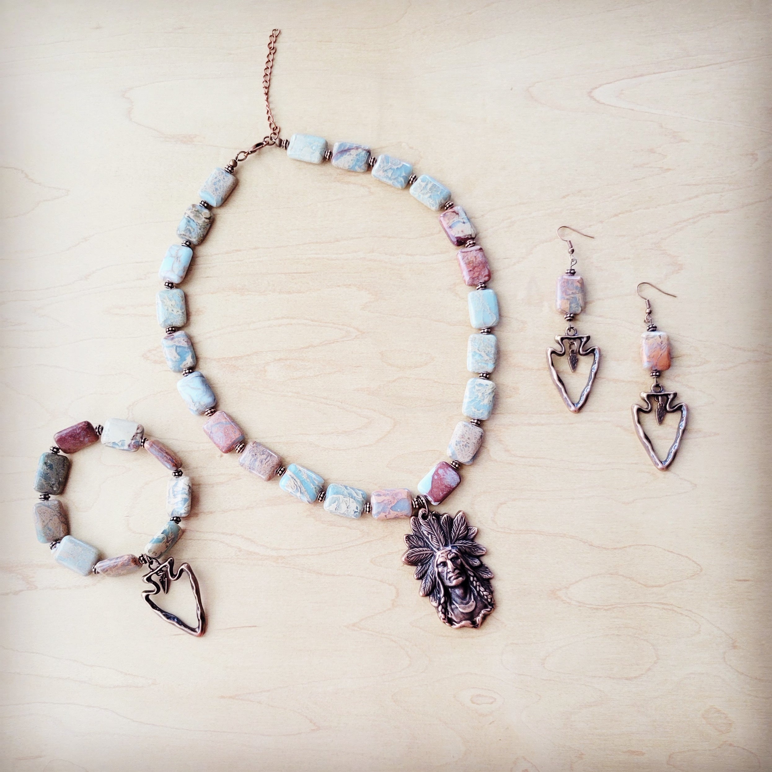 Genuine Aqua Terra Beaded Bracelet w/ Copper Arrow 810v