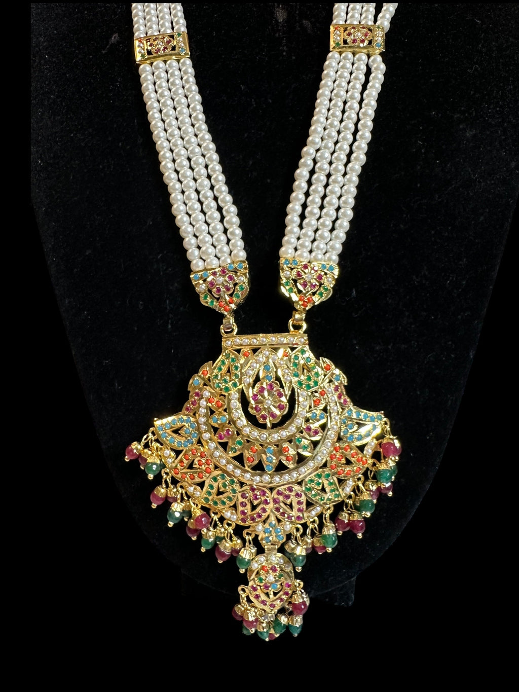 DLN91 jadau rani haar in navratan with pearls  ( READY TO SHIP )