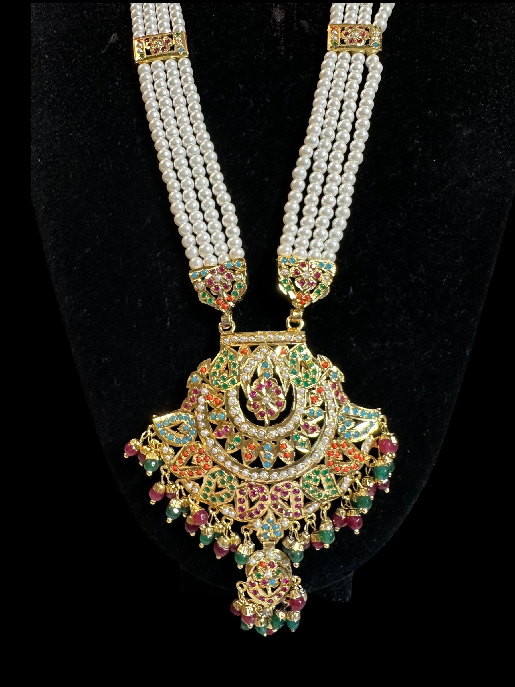 DLN91 jadau rani haar in navratan with pearls  ( READY TO SHIP )