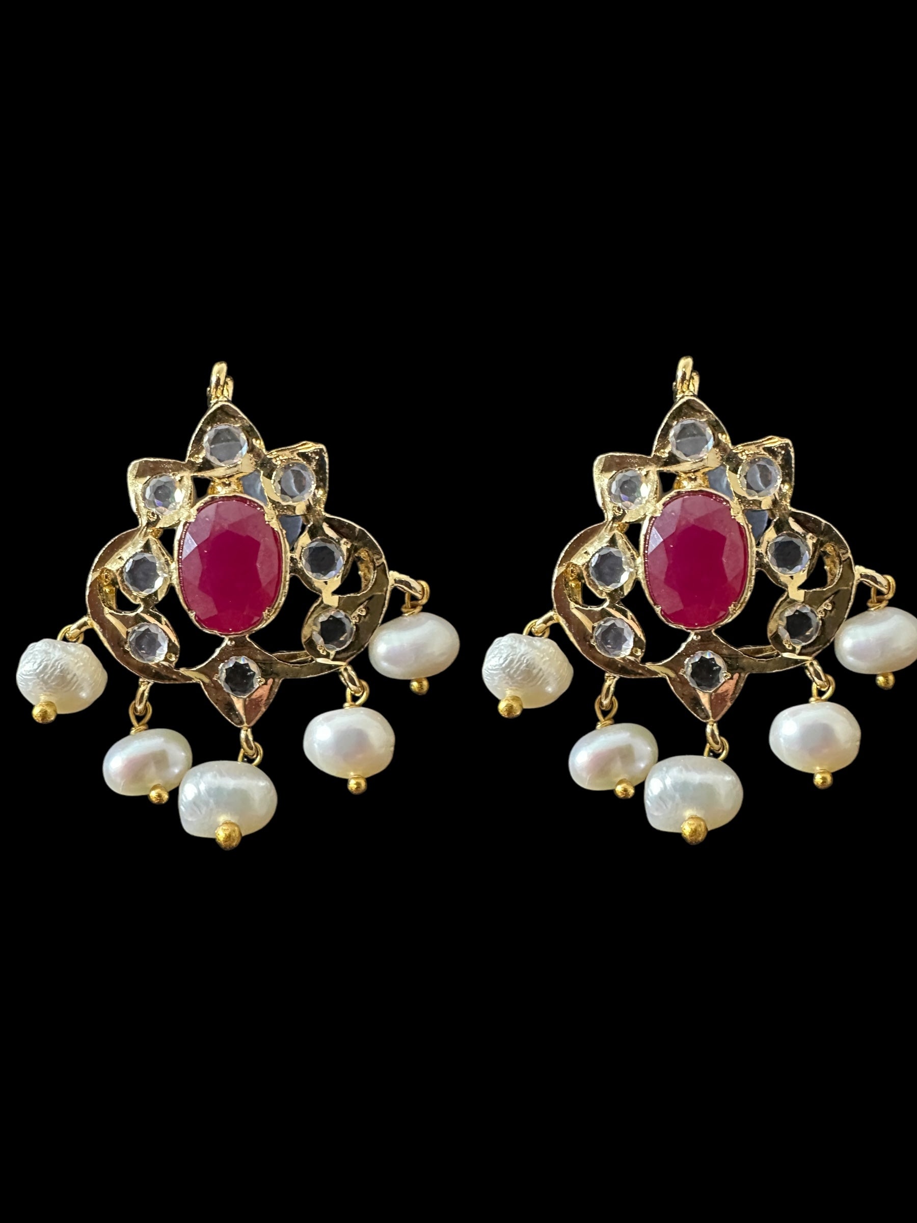 ET25 Hyderabadi real stones with fresh water pearl tops ( READY TO SHIP )