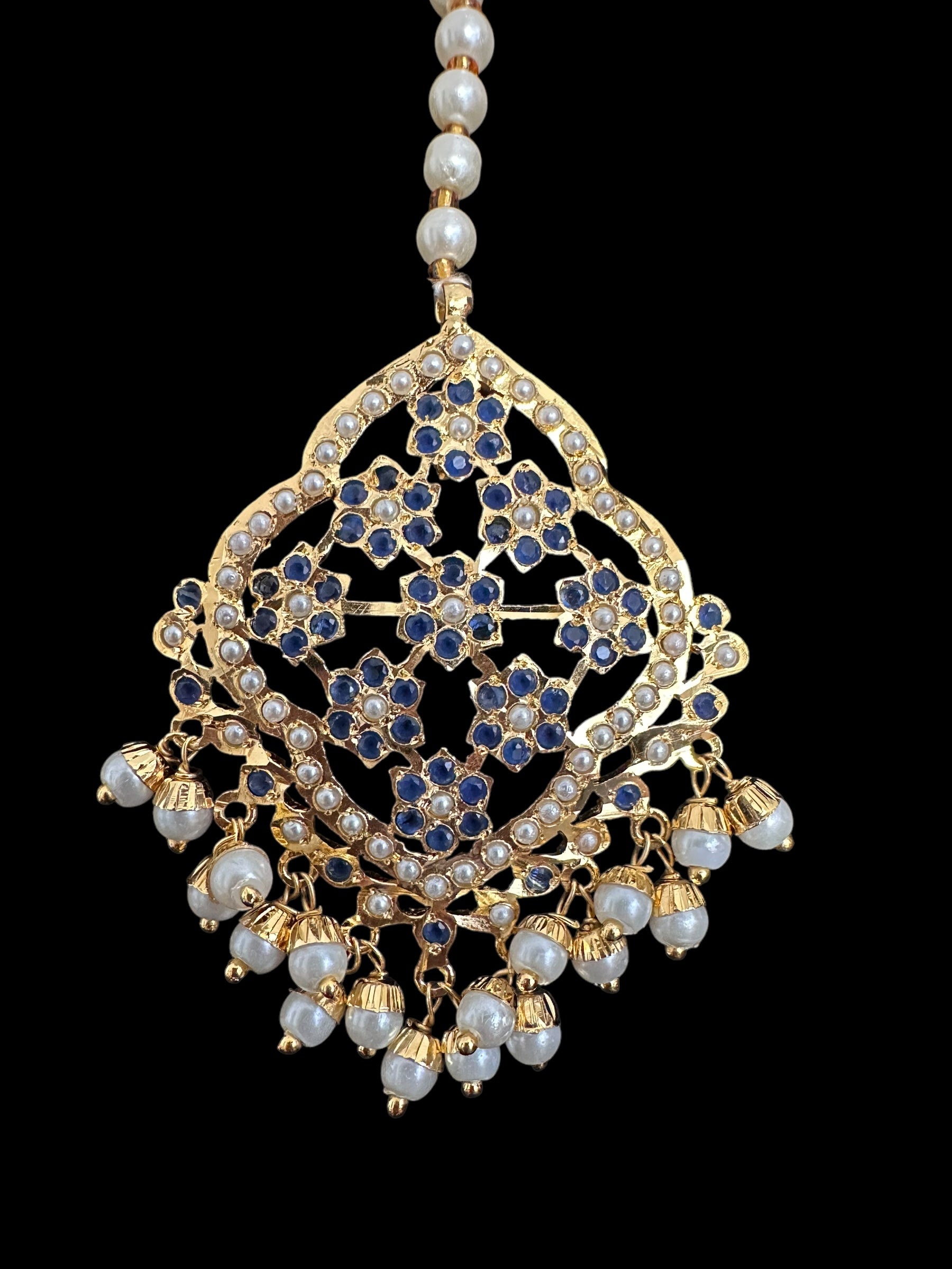 Mehru Jadau chandbali earrings tika in sapphire pearls ( READY TO SHIP )
