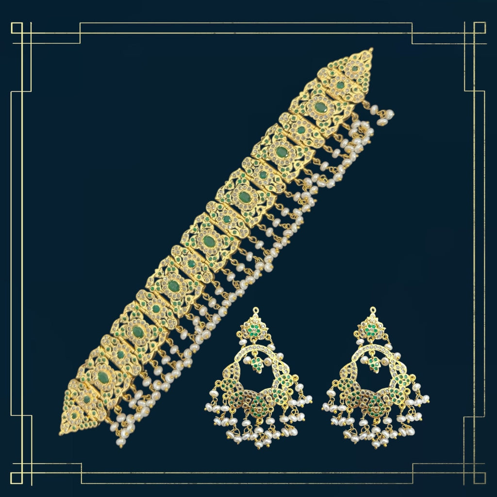 C544  Nishat fresh water pearl choker with earrings - Green ( READY TO SHIP )