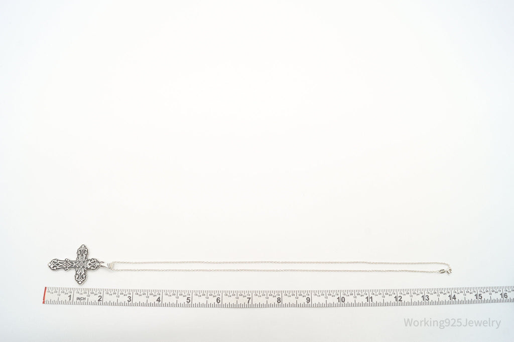 Vintage Large Mexico Artisan CII Cross Sterling Silver Necklace